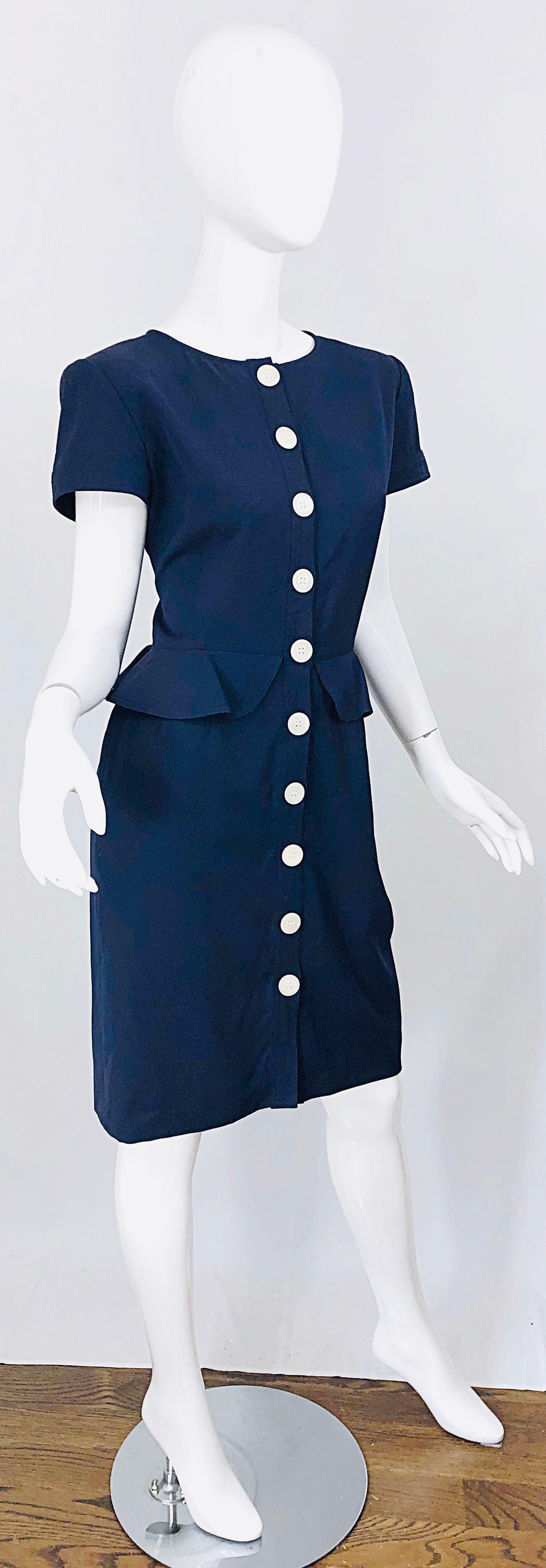 Vintage Valentino Size 10 Navy Blue 1980s Short Sleeve Nautical 80s Dress 3