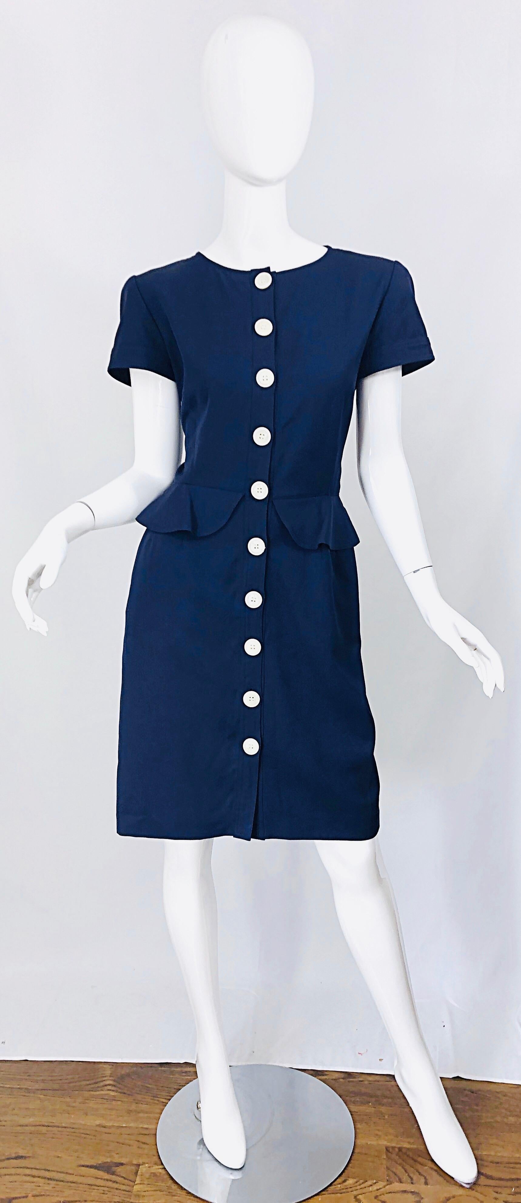 Vintage Valentino Size 10 Navy Blue 1980s Short Sleeve Nautical 80s Dress 5