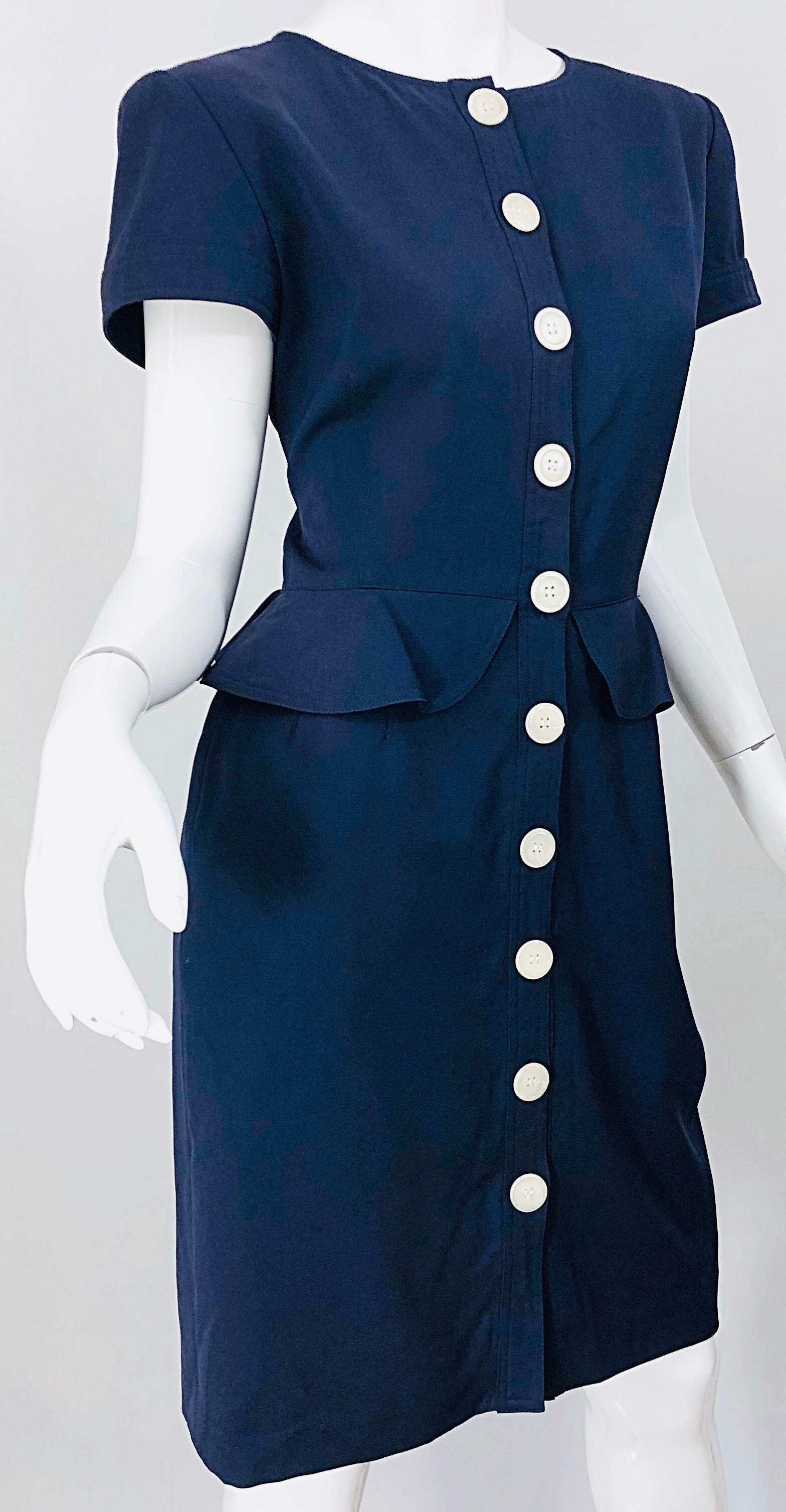 Black Vintage Valentino Size 10 Navy Blue 1980s Short Sleeve Nautical 80s Dress