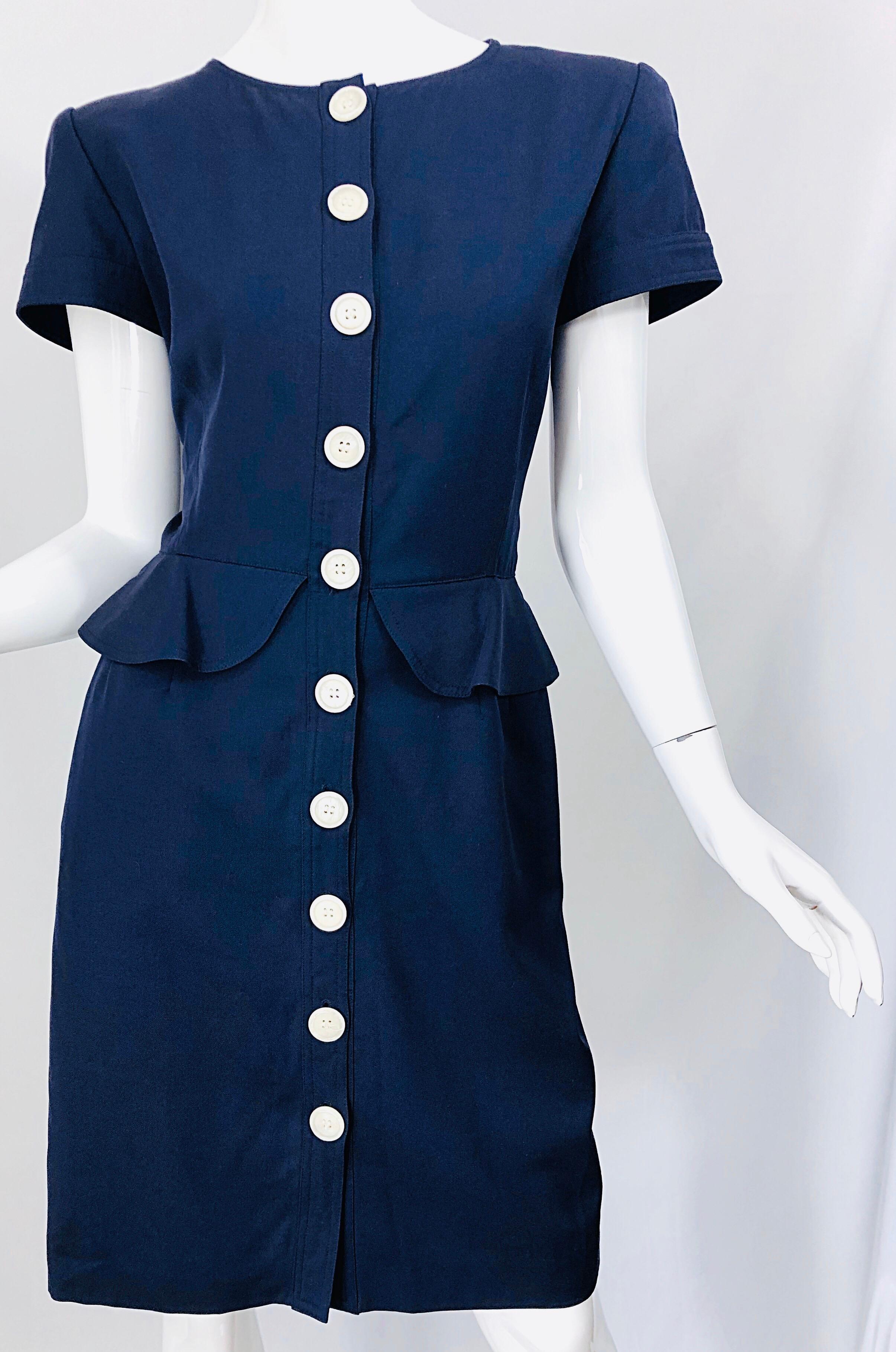 Women's Vintage Valentino Size 10 Navy Blue 1980s Short Sleeve Nautical 80s Dress