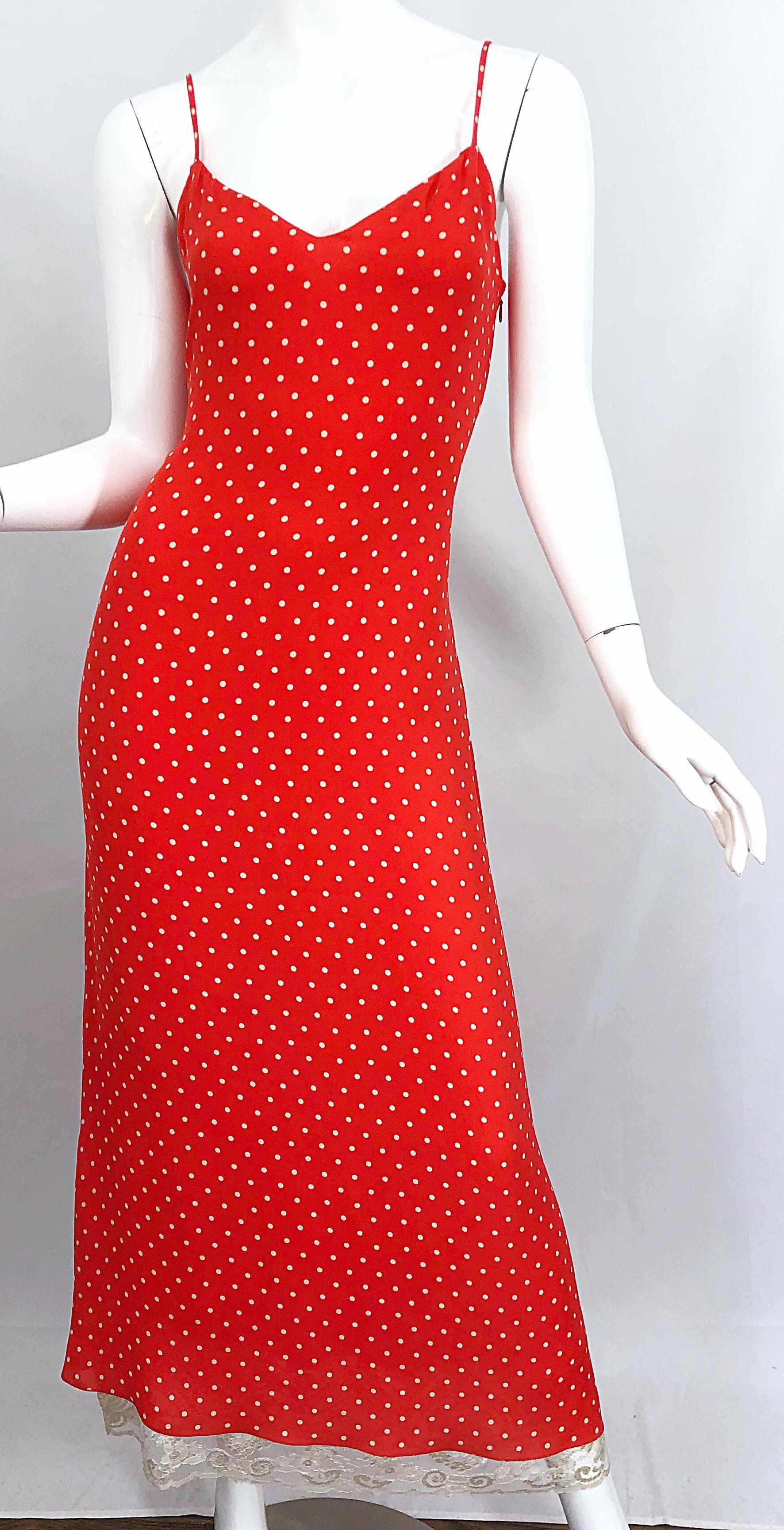 Vintage Valentino 1990s Size 8 Red and White Silk Lace Polka Dot 90s Gown Dress 3