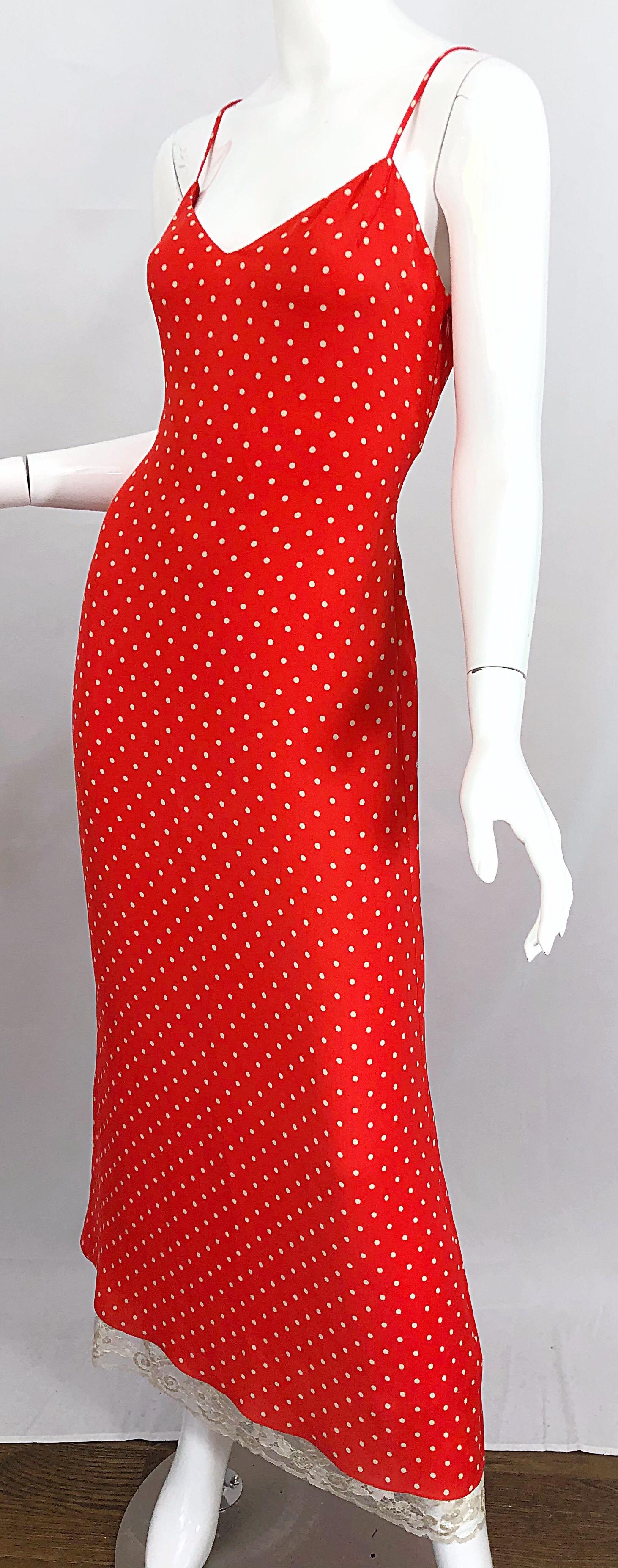 Vintage Valentino 1990s Size 8 Red and White Silk Lace Polka Dot 90s Gown Dress 4