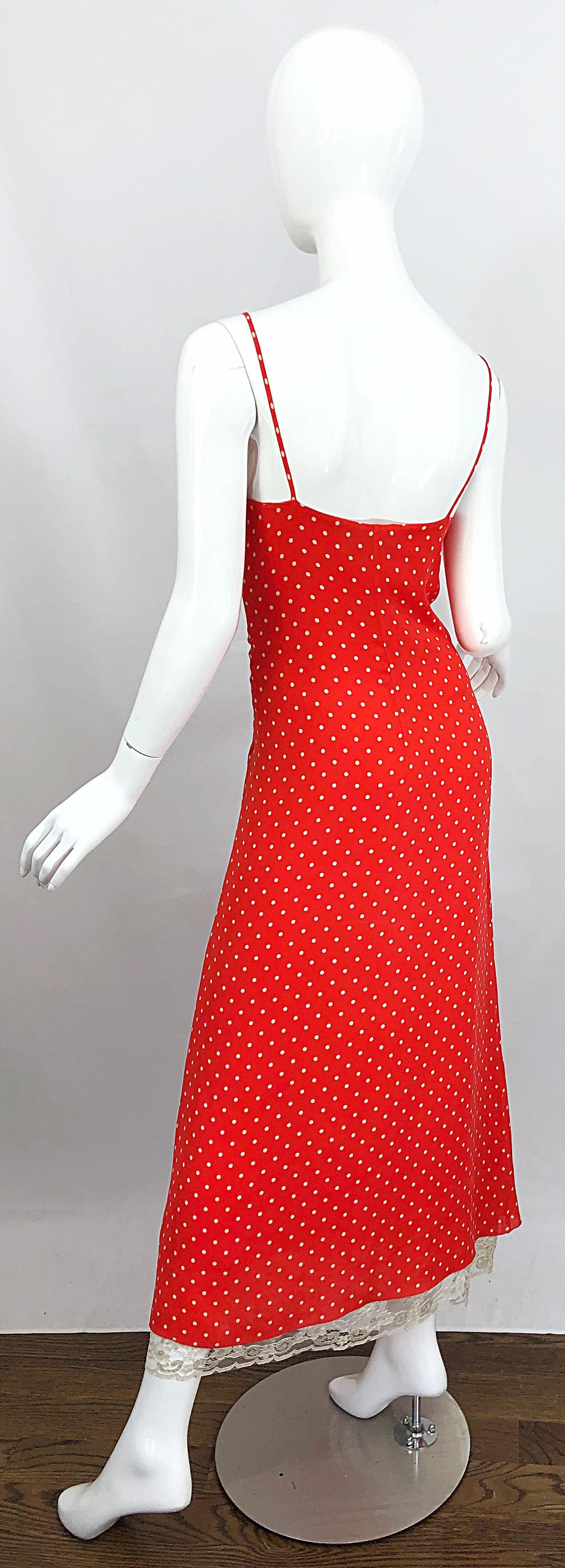 Vintage Valentino 1990s Size 8 Red and White Silk Lace Polka Dot 90s Gown Dress 5