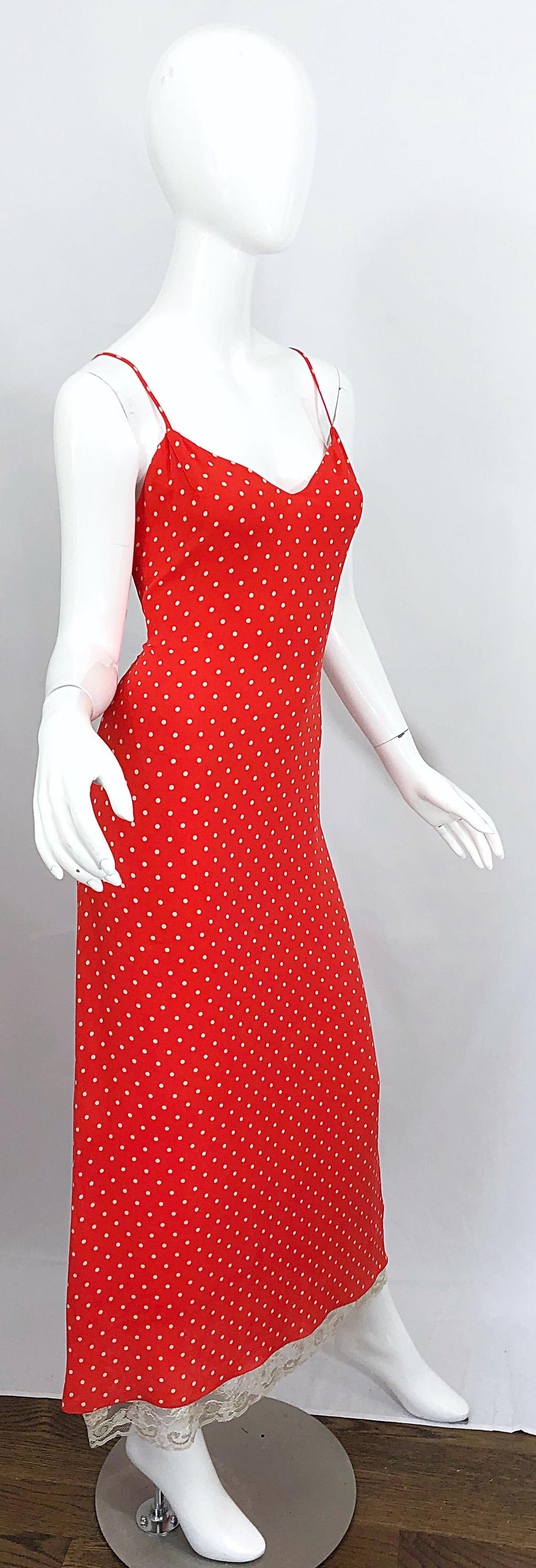 Vintage Valentino 1990s Size 8 Red and White Silk Lace Polka Dot 90s Gown Dress 6