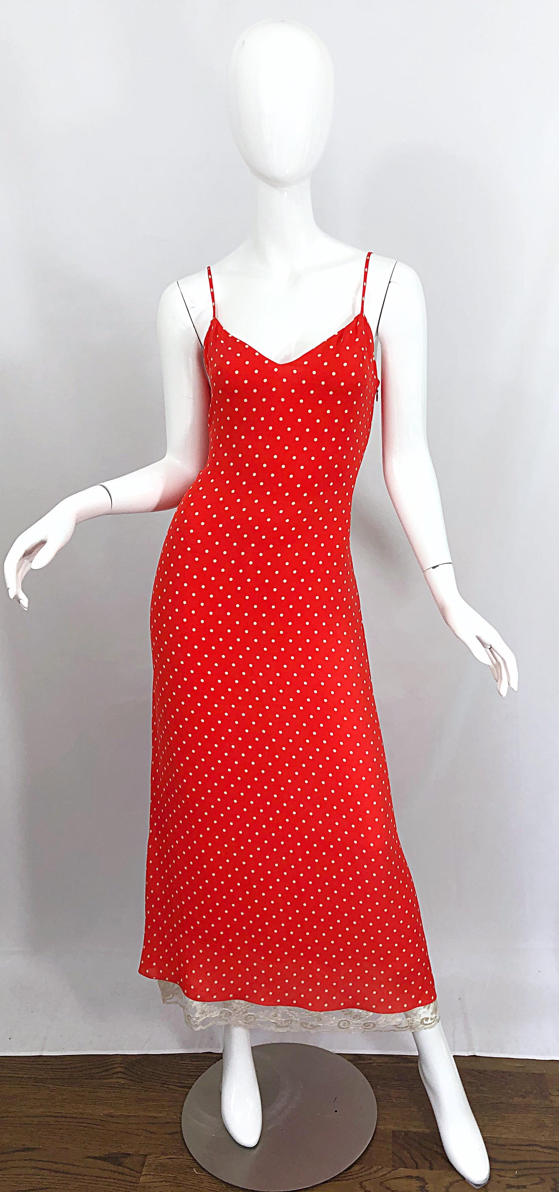 Vintage Valentino 1990s Size 8 Red and White Silk Lace Polka Dot 90s Gown Dress 8