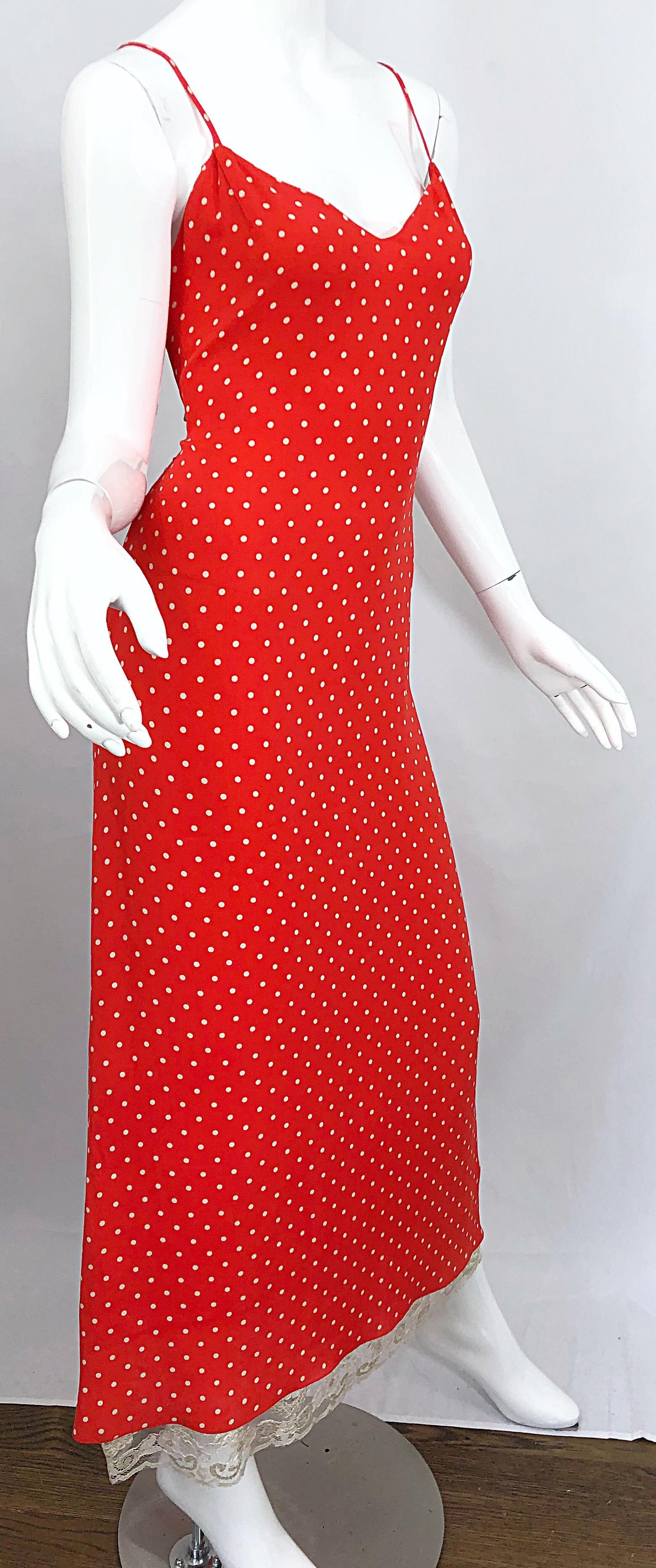 Women's Vintage Valentino 1990s Size 8 Red and White Silk Lace Polka Dot 90s Gown Dress