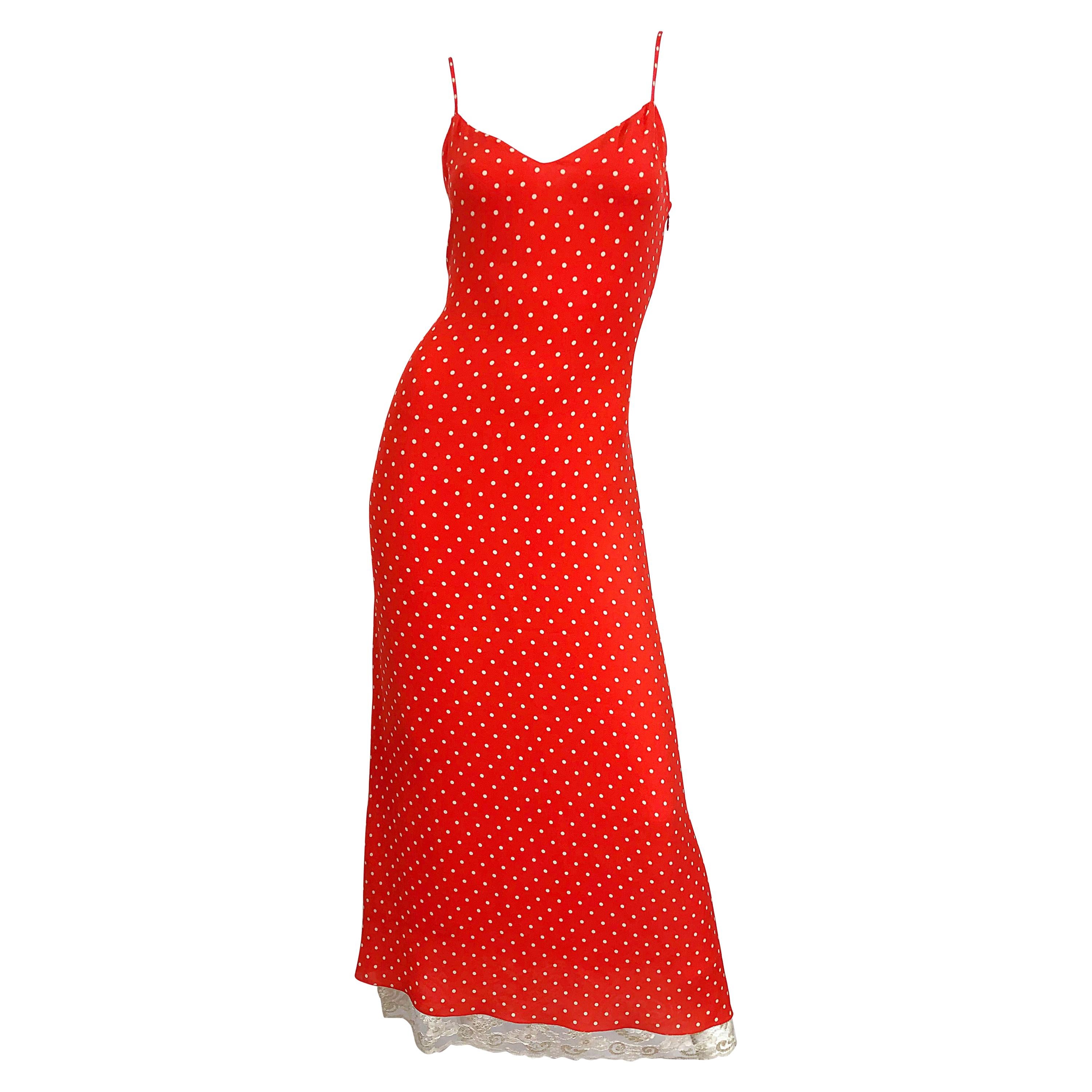 Vintage Valentino 1990s Size 8 Red and White Silk Lace Polka Dot 90s Gown Dress