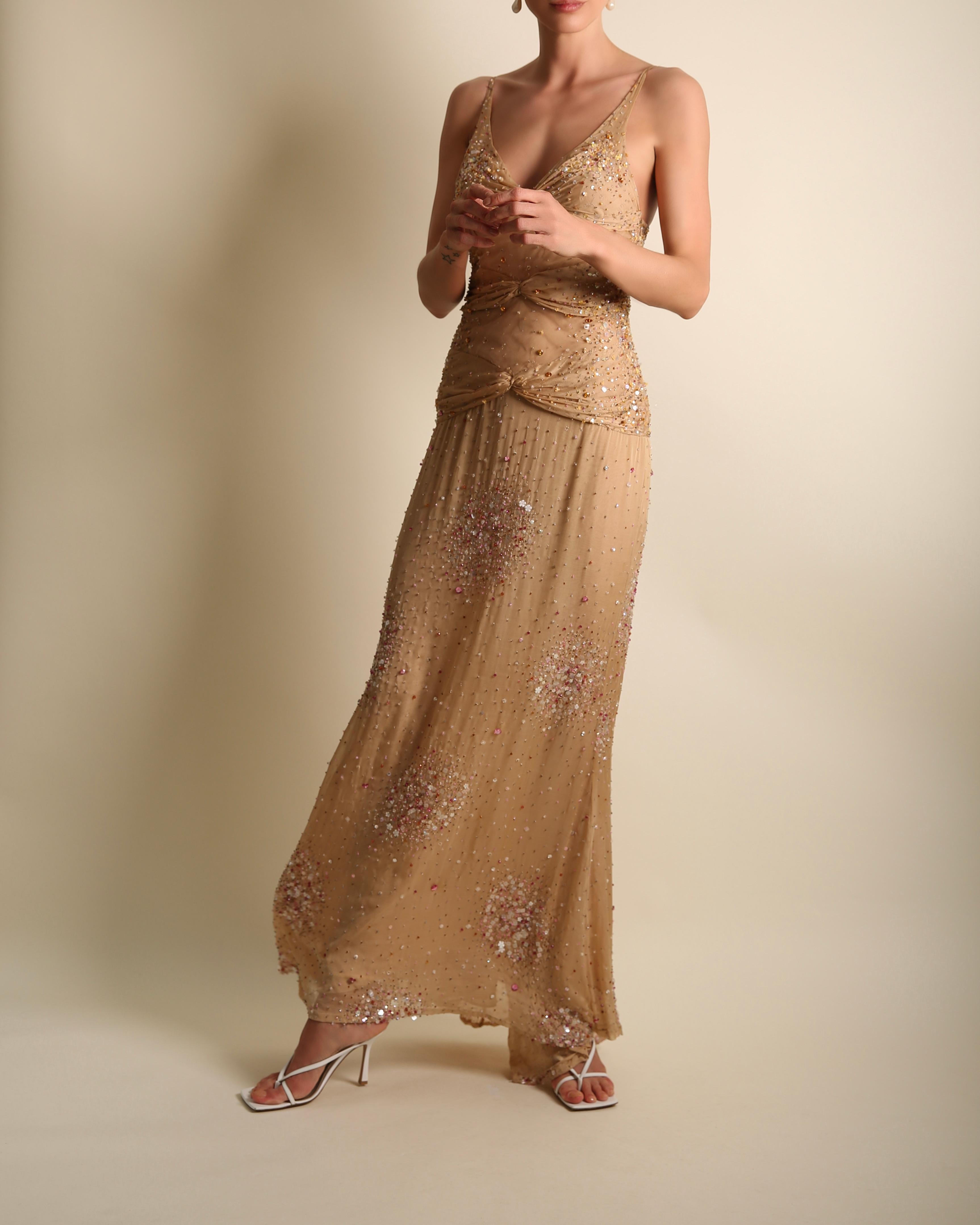 Vintage Valentino SS01 nude cut out sheer sequin embellished plunging dress gown 2