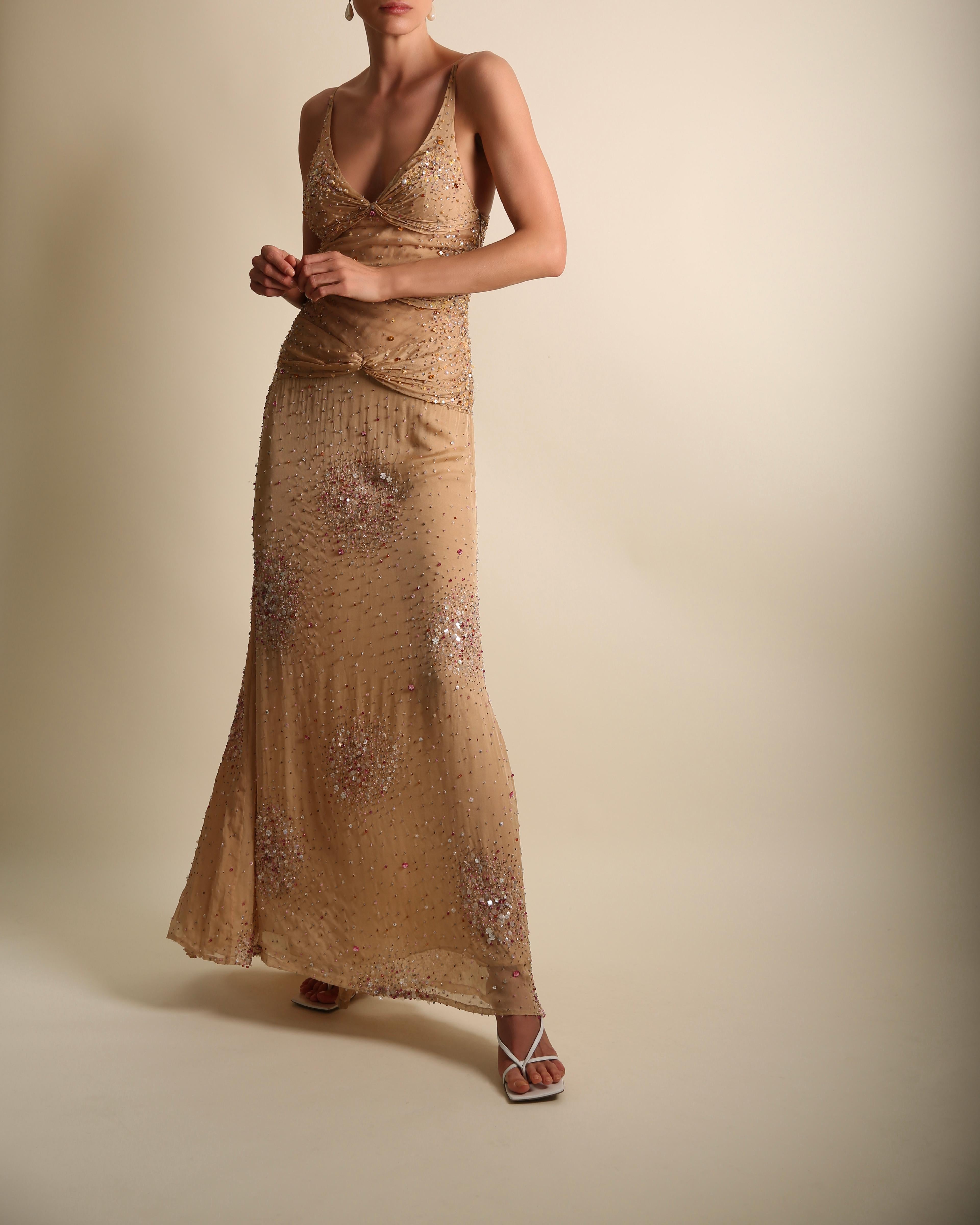 Vintage Valentino SS01 nude cut out sheer sequin embellished plunging dress gown 4