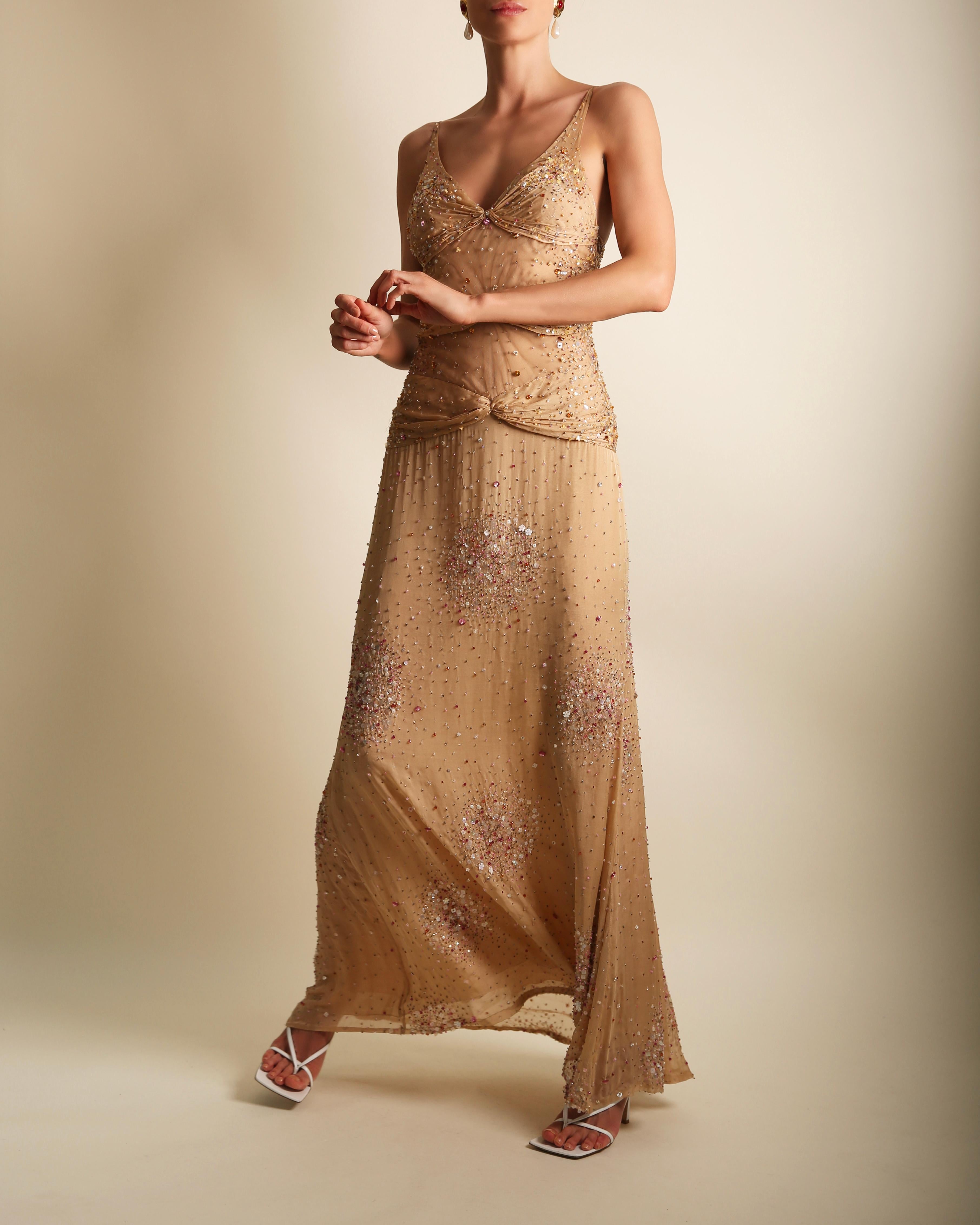 Vintage Valentino SS01 nude cut out sheer sequin embellished plunging dress gown 1