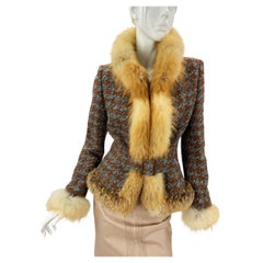 Vintage Valentino Tweed Wool Fur Trim Fitted Jacket with Belt US size 6