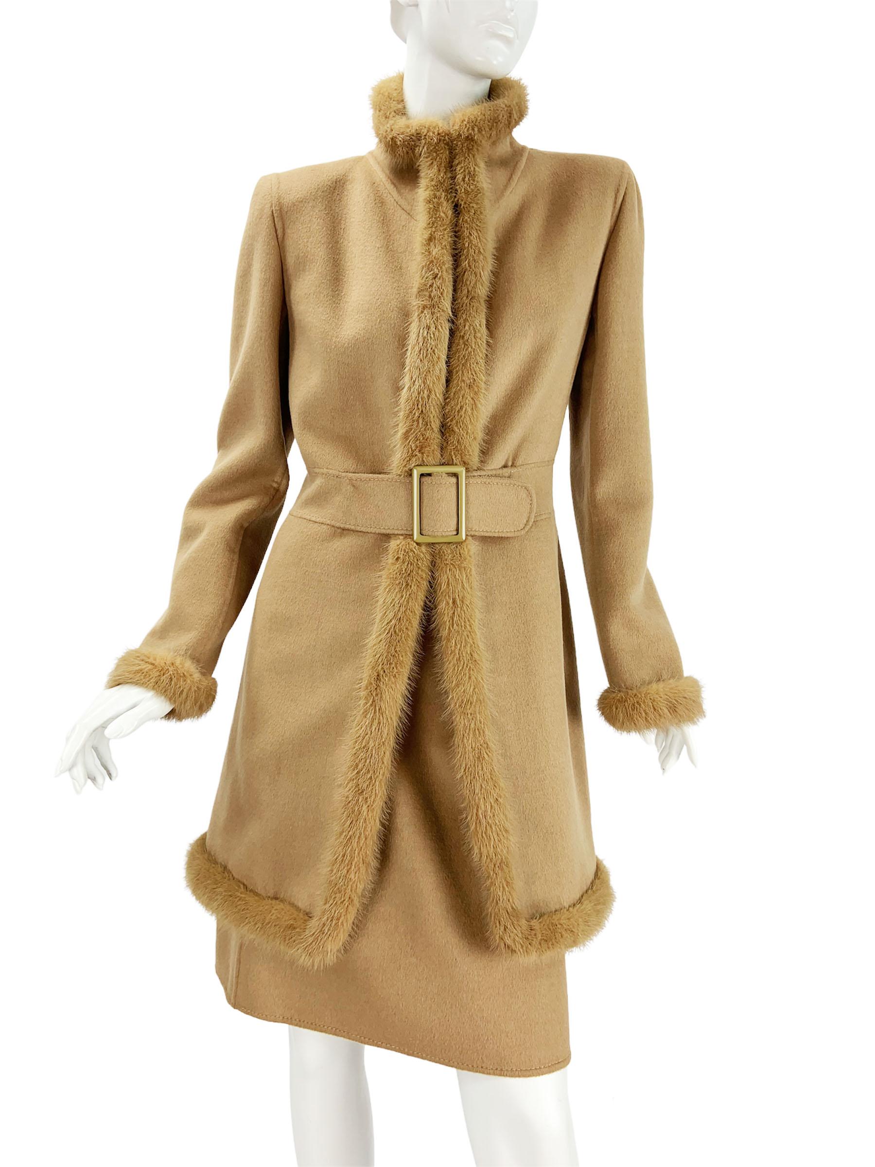 Vintage Valentino Wool Mink Trimmed Skirt Suit
Designer size - 10
90% Wool, 10% Cashgora 
Jacket: A-Line Style, Mink Trim, Attached Belt, Padded Shoulders, Hook and Eye Closure.
Measurements: Length - 34 inches, Bust - 34/36