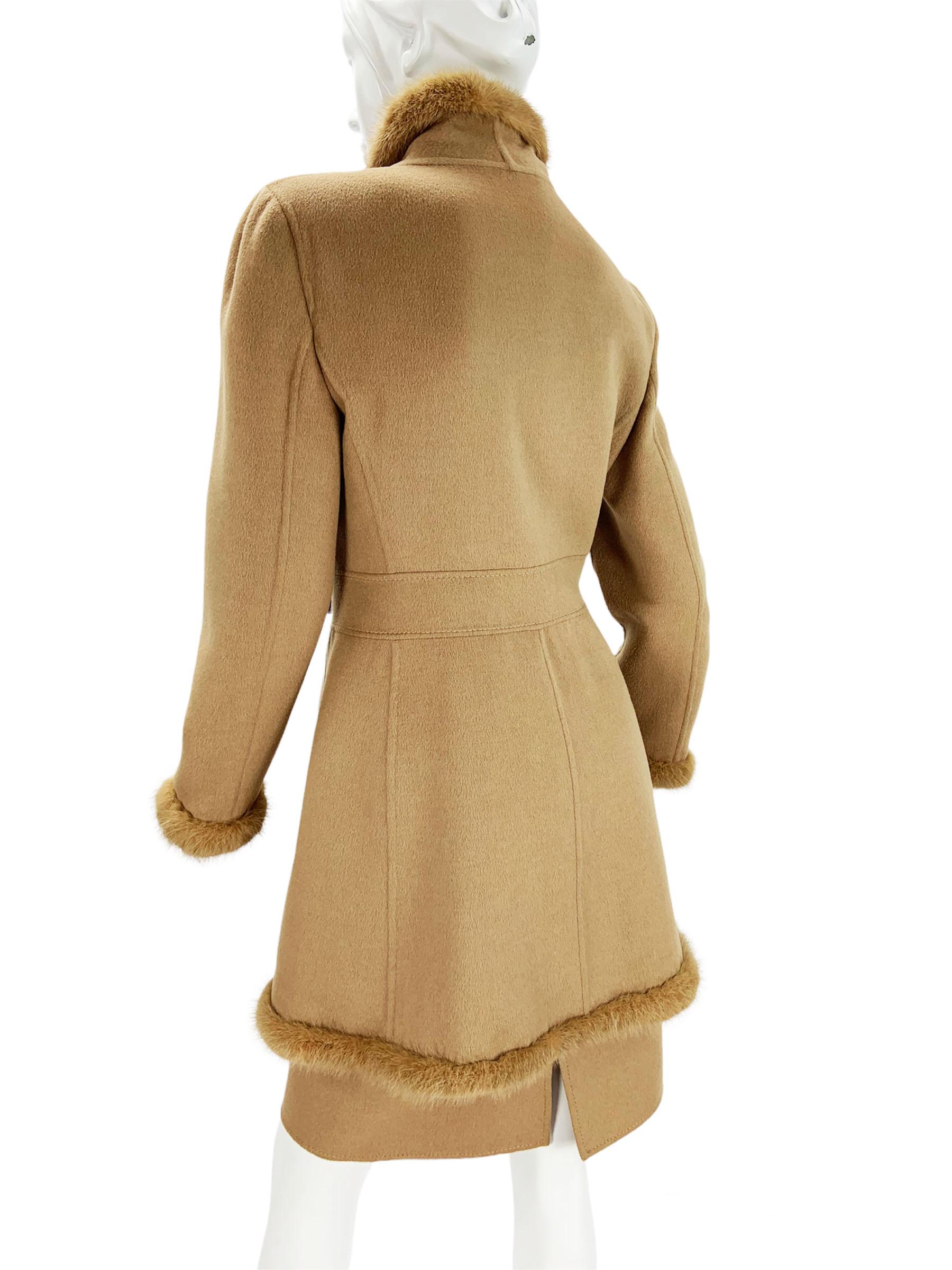 Brown Vintage Valentino Wool Mink Trimmed Camel Color Skirt Suit size 10 For Sale