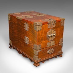 Vintage Valet Case, Korean, Oriental Elm, Brass, Grooming Box, Mirror, C.1970