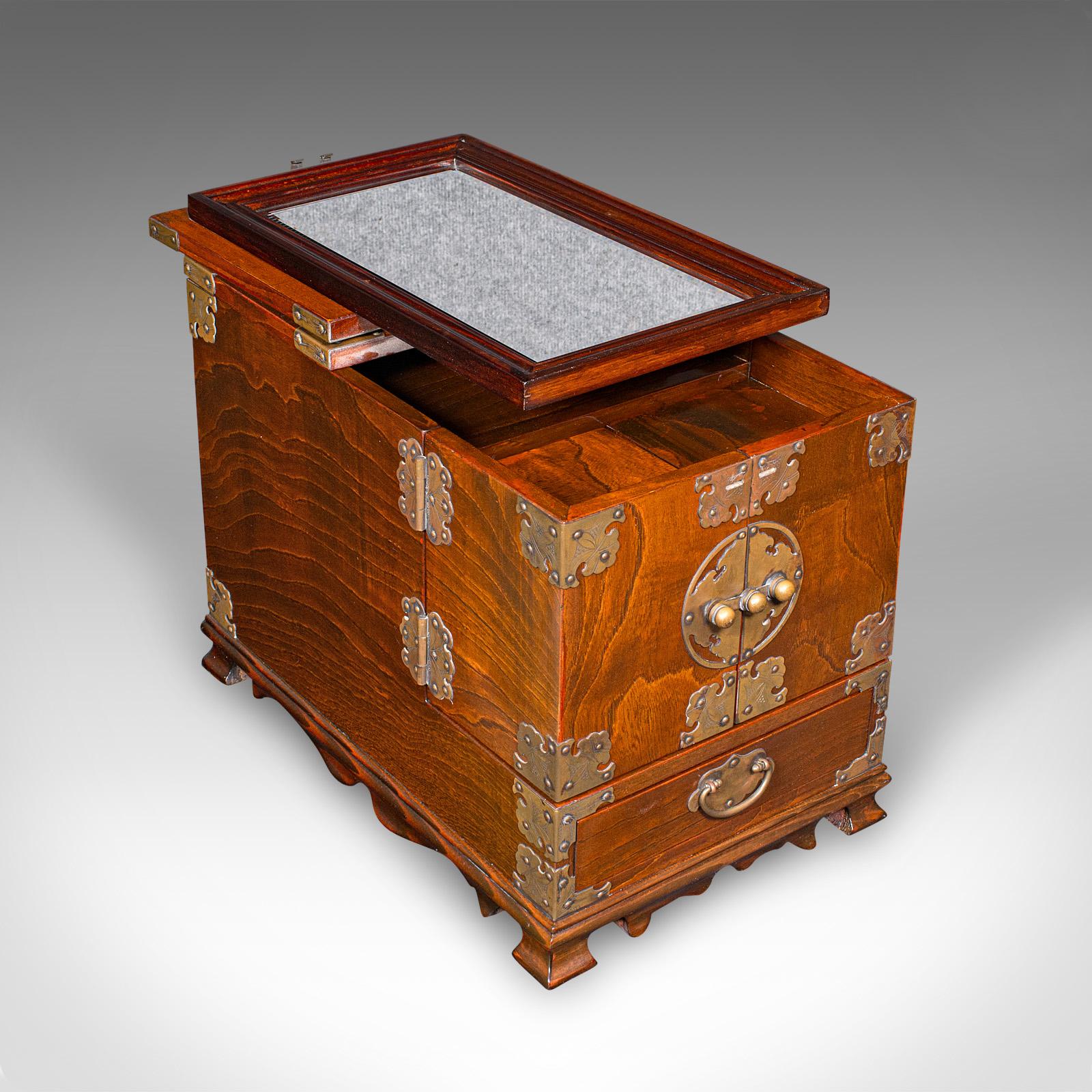 Mid-Century Modern Vintage Valet Case, Korean, Oriental Elm, Brass, Grooming Box, Mirror, C.1970 For Sale