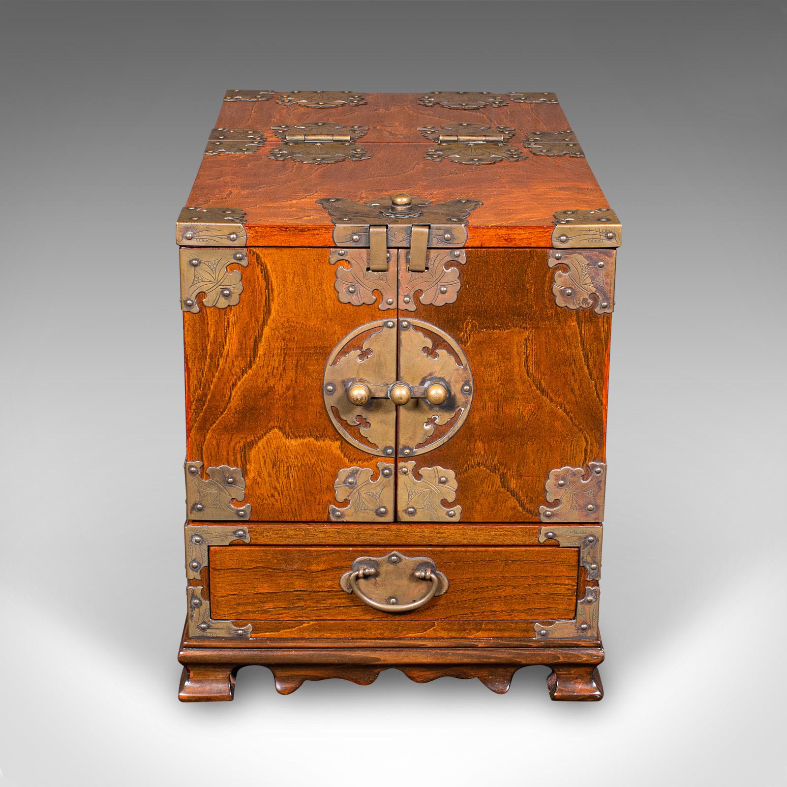 South Korean Vintage Valet Case, Korean, Oriental Elm, Brass, Grooming Box, Mirror, C.1970 For Sale