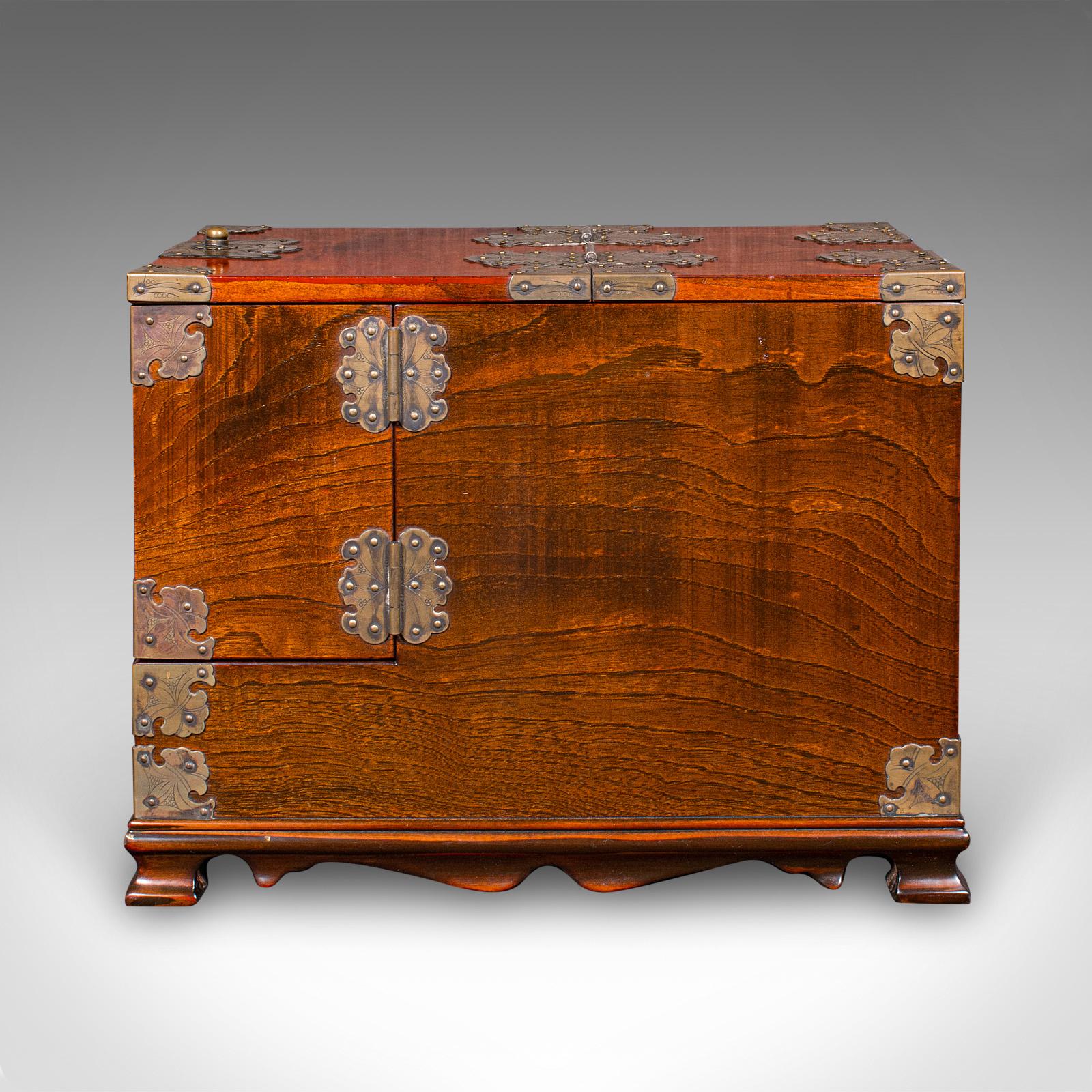 Vintage Valet Case, Korean, Oriental Elm, Brass, Grooming Box, Mirror, C.1970 For Sale 3