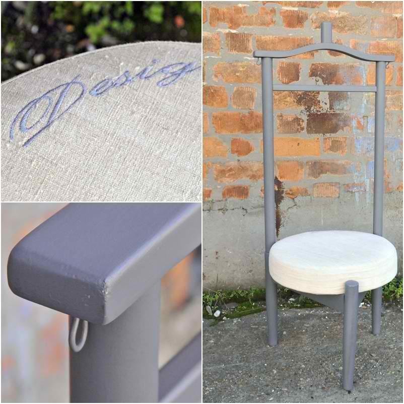 Vintage valet stand.
Renewed, repainted and re-upholstered valet stand with embroidered design label on the upholstery.