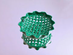 Vintage Vallauris Woven Ceramic Basket in Green Glaze, France, 1940's