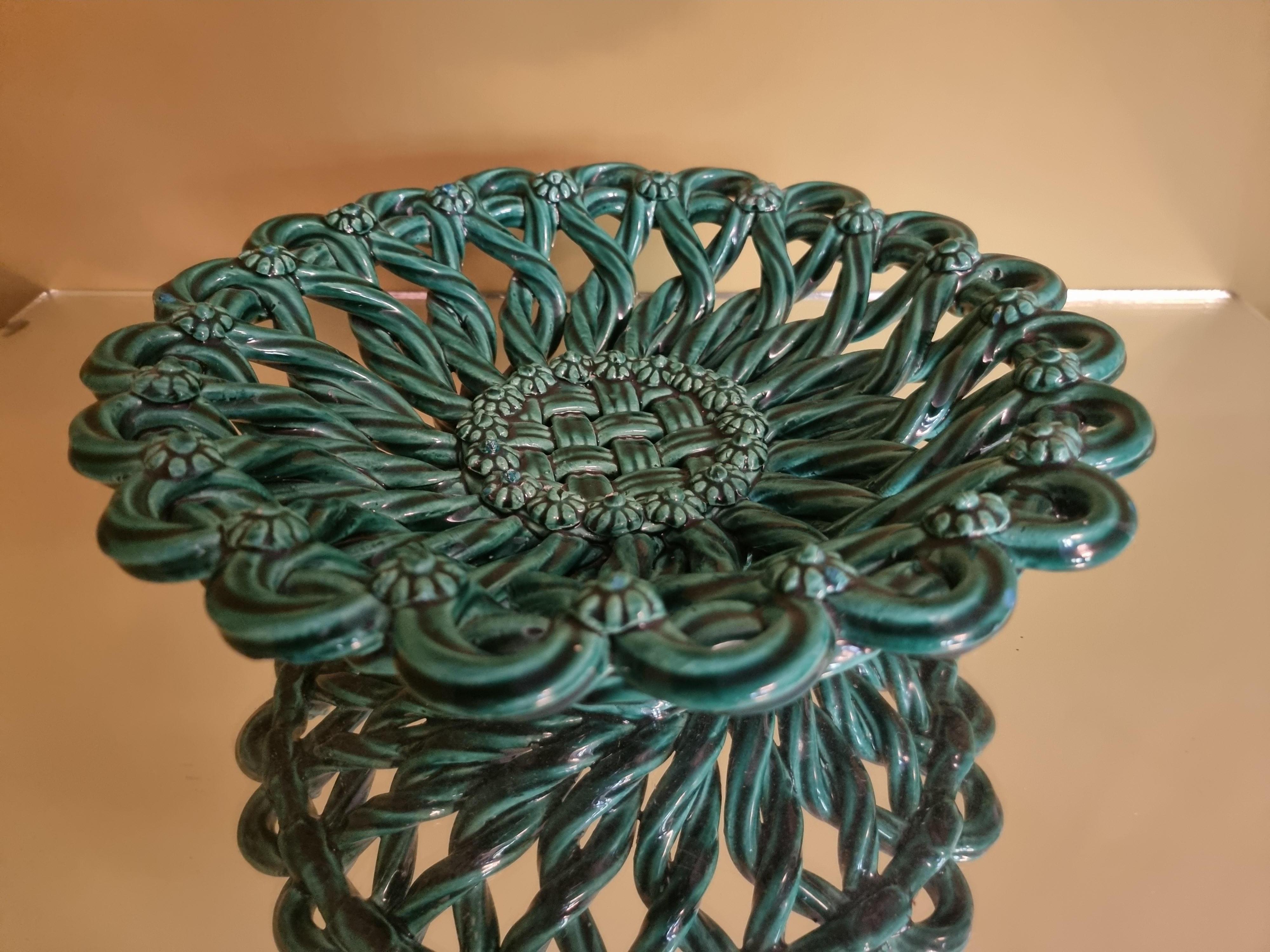French Vintage Vallauris Woven Ceramic Basket in Green Glaze, France, 1940's