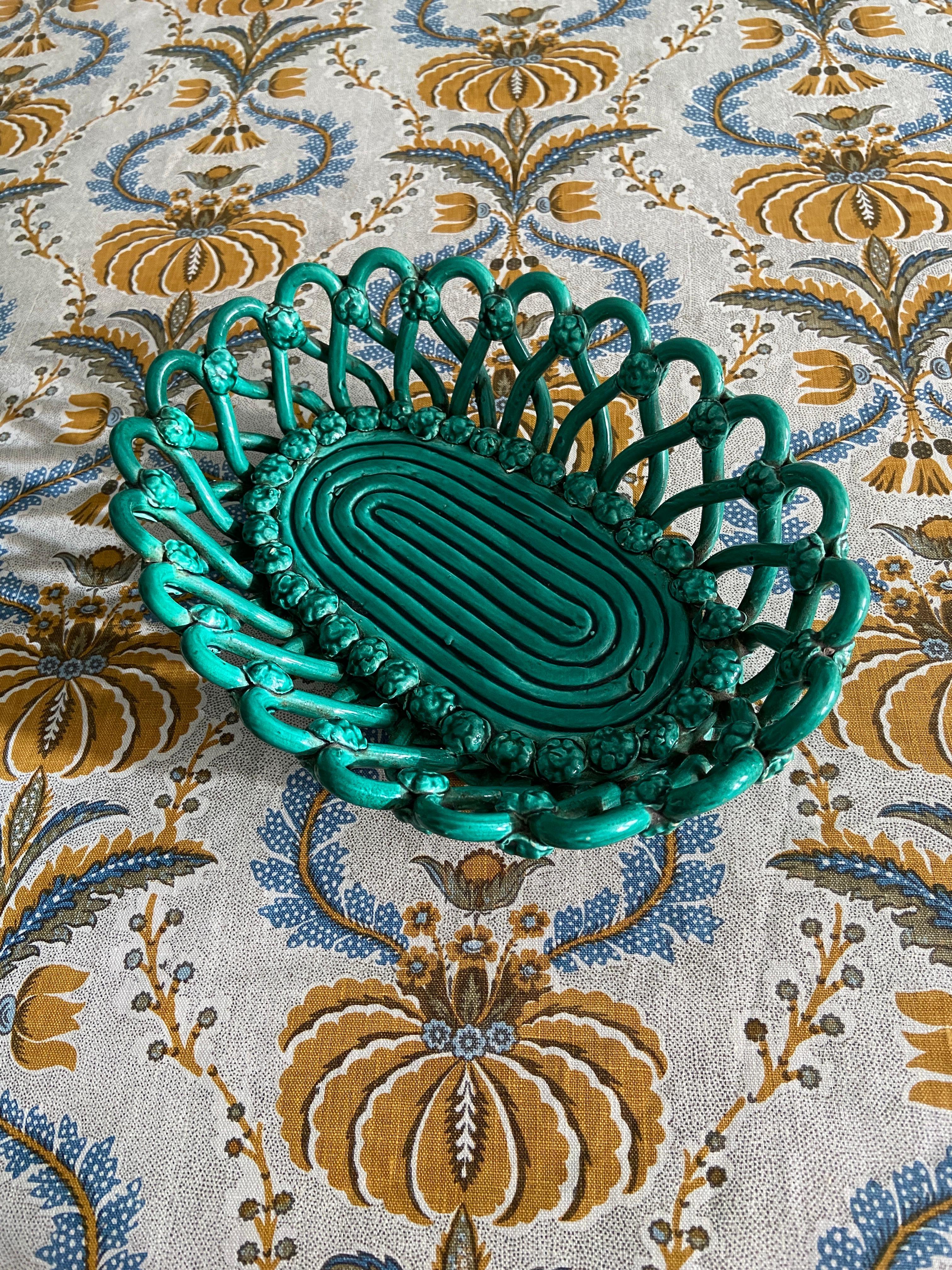 French Vintage Vallauris Woven Ceramic Basket in Green Glaze, France, 1940s For Sale