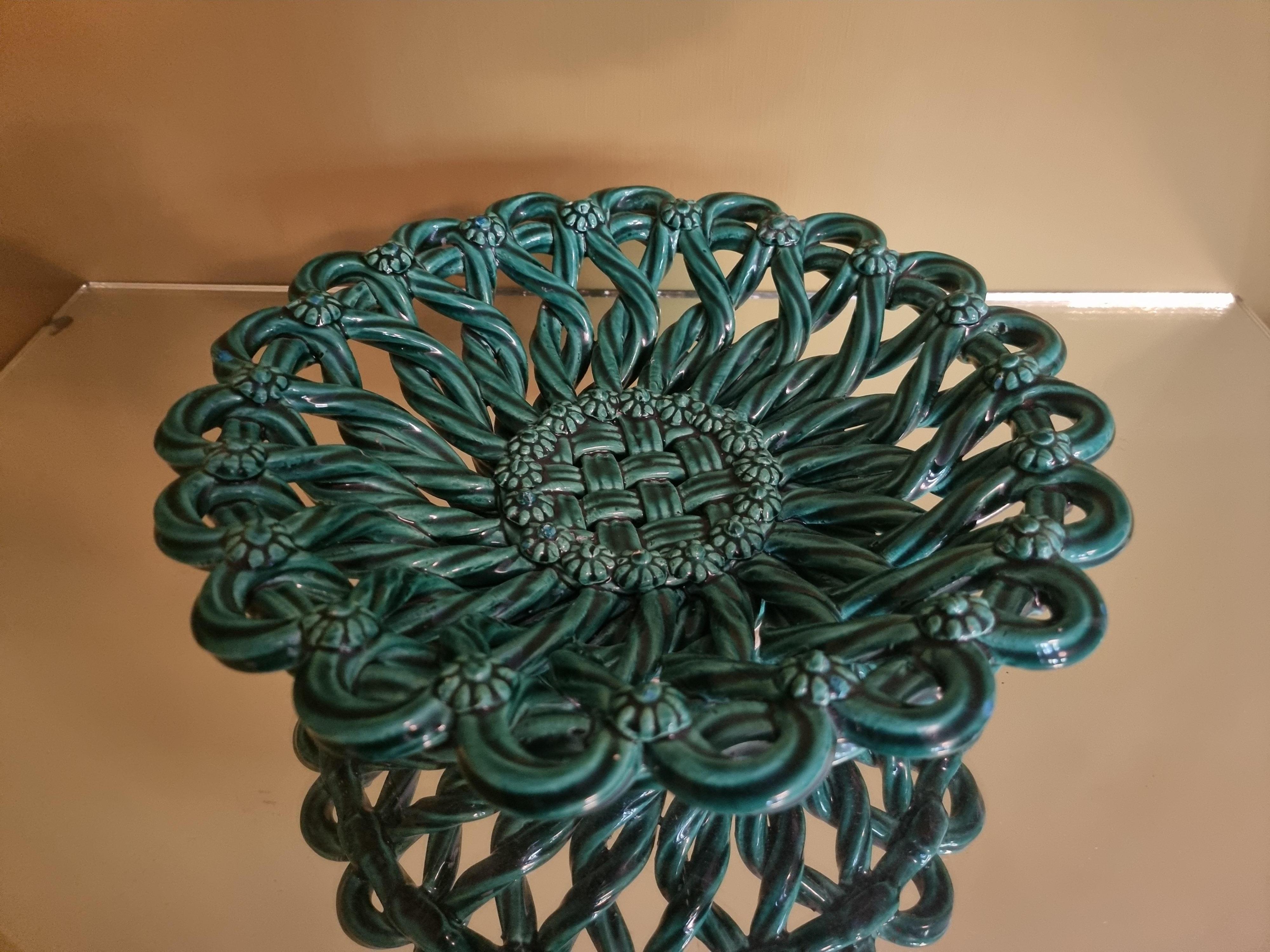 Vintage Vallauris Woven Ceramic Basket in Green Glaze, France, 1940's In Good Condition In Copenhagen K, DK