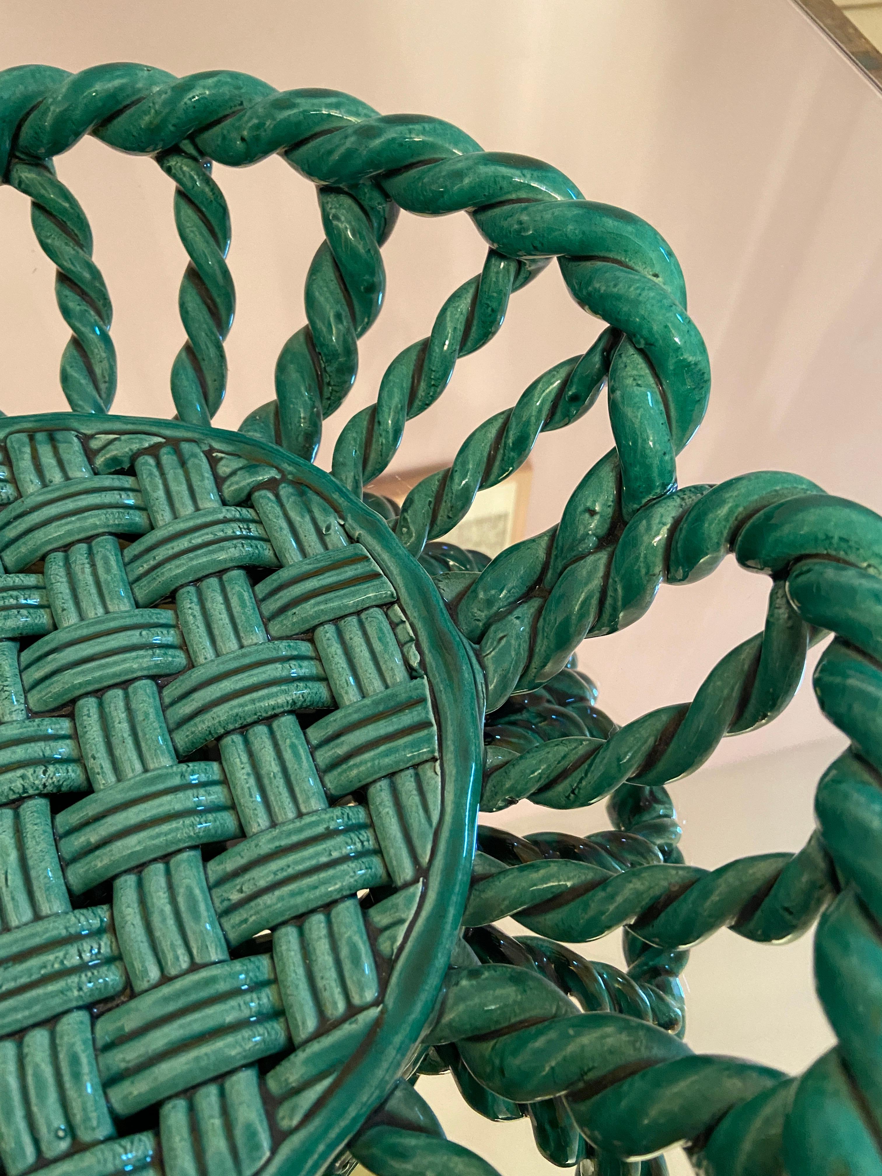 French Vintage Vallauris Woven Ceramic Basket in Green Glaze, France, 1940's For Sale