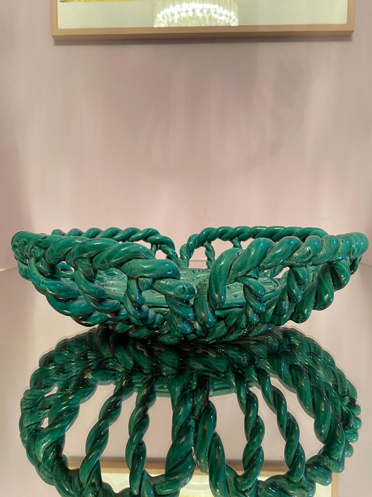 Vintage Vallauris Woven Ceramic Basket in Green Glaze, France, 1940's