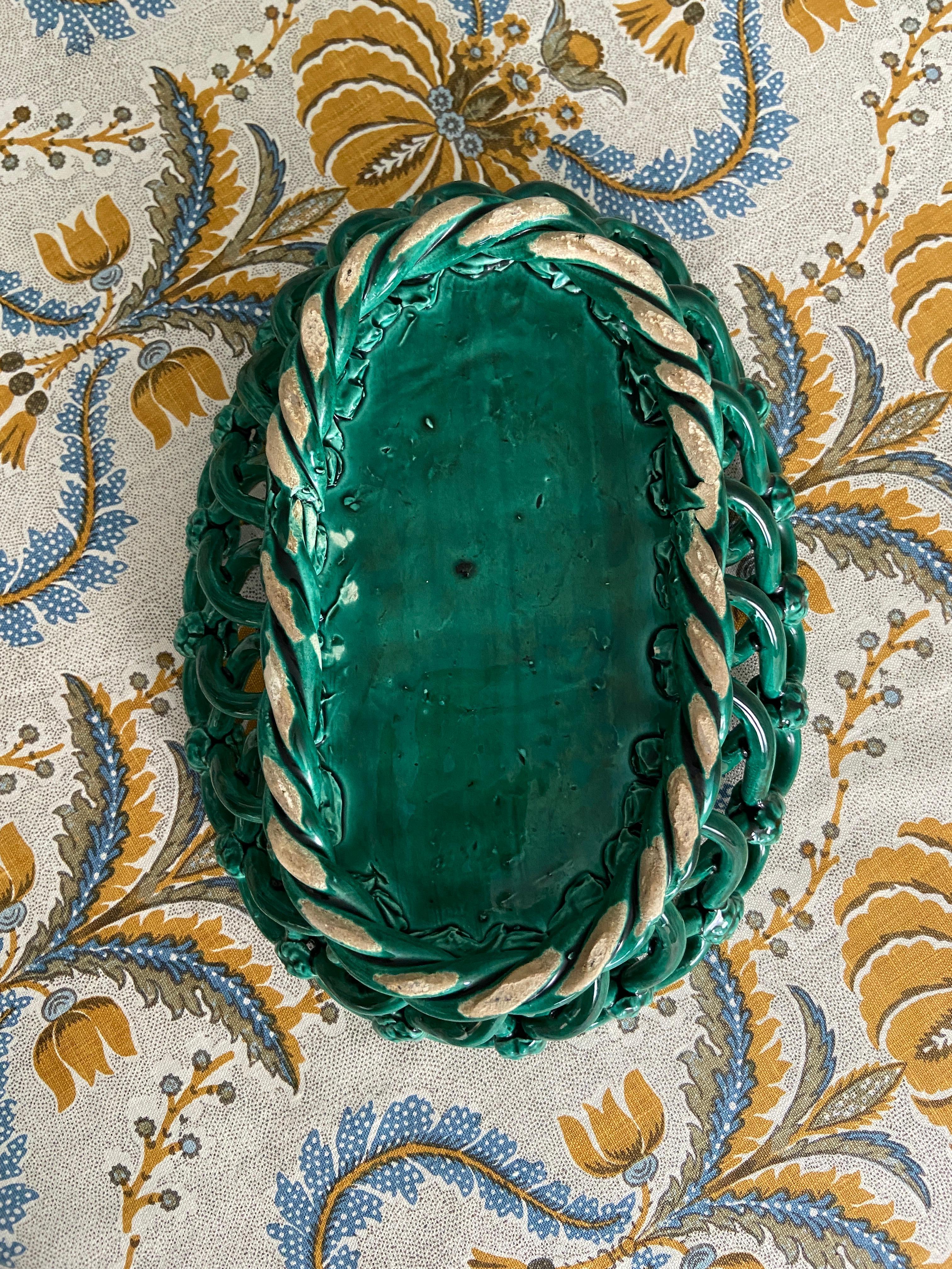 Mid-20th Century Vintage Vallauris Woven Ceramic Basket in Green Glaze, France, 1940s For Sale