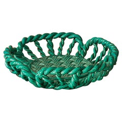 Vintage Vallauris Woven Ceramic Basket in Green Glaze, France, 1940s