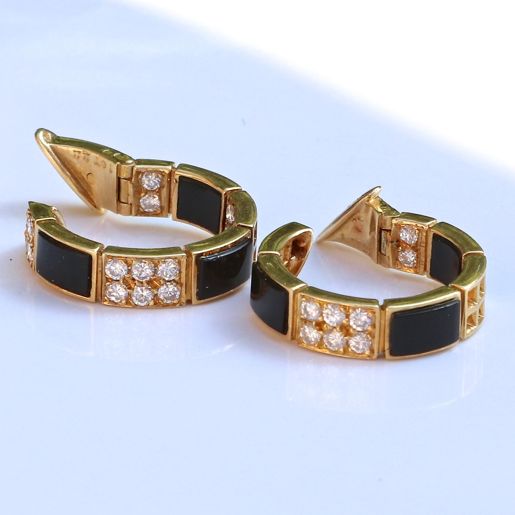 Contemporary Vintage Van Cleef & Arpels Diamond Onyx 18 Karat Gold Hoop Earrings