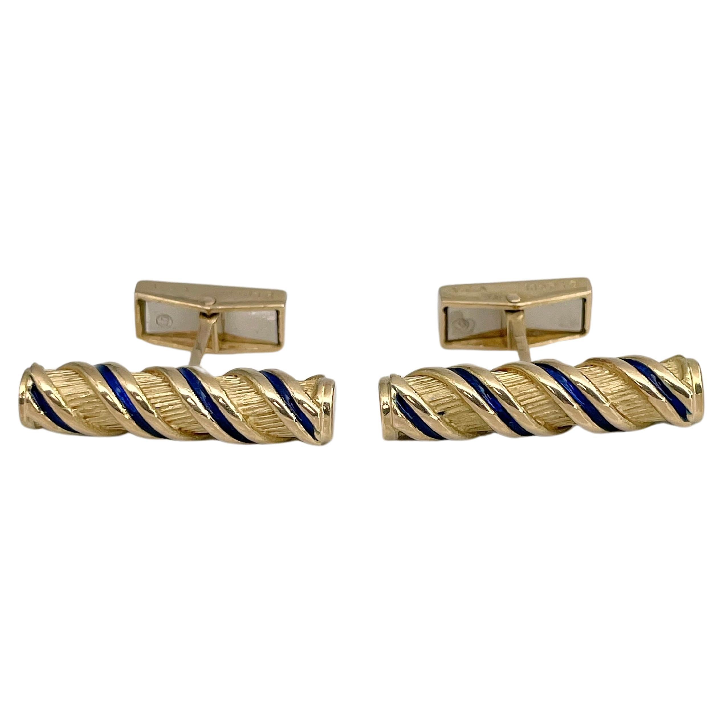 Vintage Van Cleef & Arpels 18 Karat Gold Blau Emaille Twist Zylinder Manschettenknöpfe mit gedrehtem Zylinder