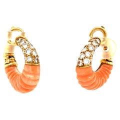 Vintage Van Cleef & Arpels 18 Karat Gold Diamond Coral Creole Hoop Earrings
