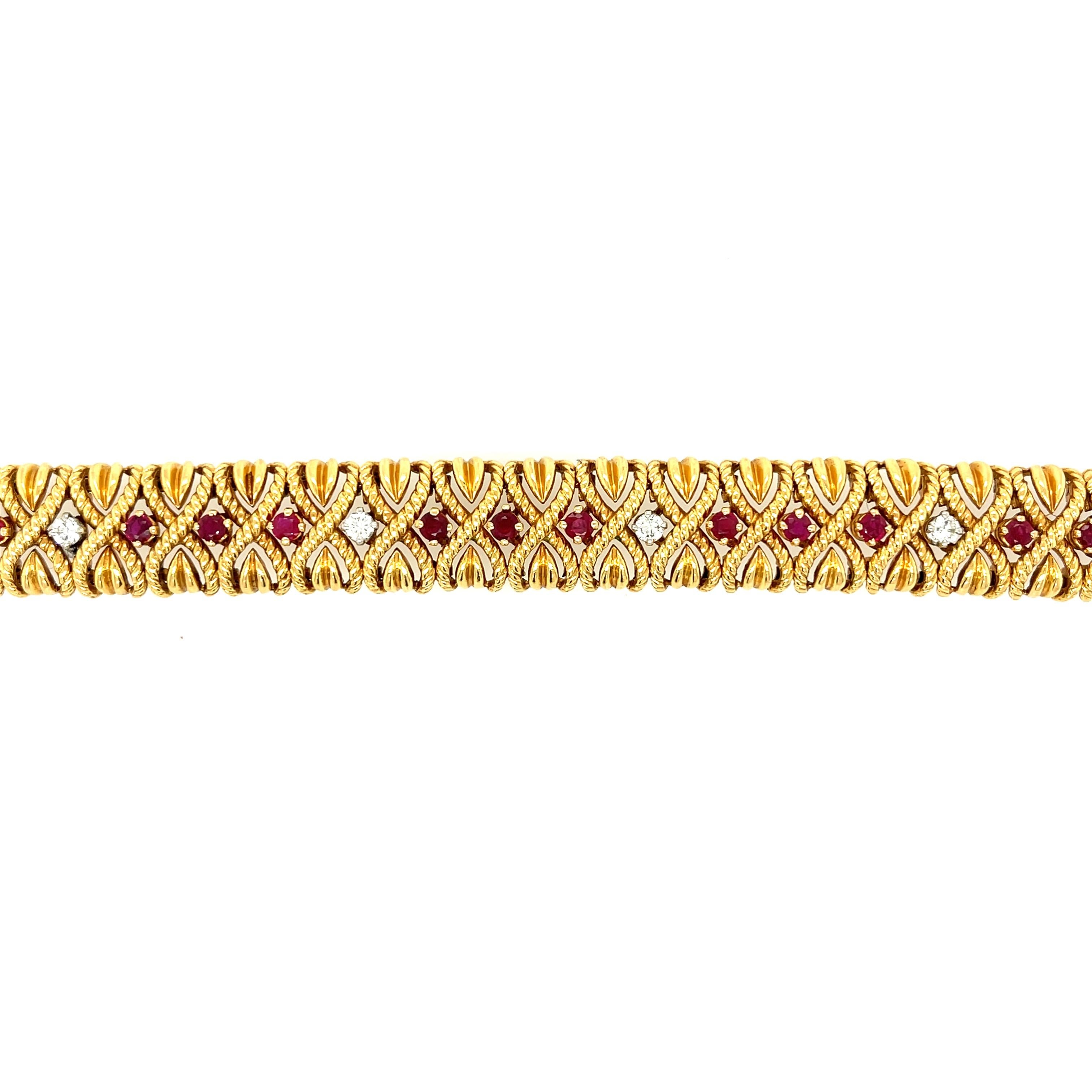 Women's or Men's Vintage Van Cleef & Arpels 18 Karat Gold Ruby Diamond Braided Bracelet