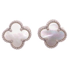 Vintage Van Cleef 
Arpels 18 Karat White Gold Mother of Pearl Alhambra Earrings