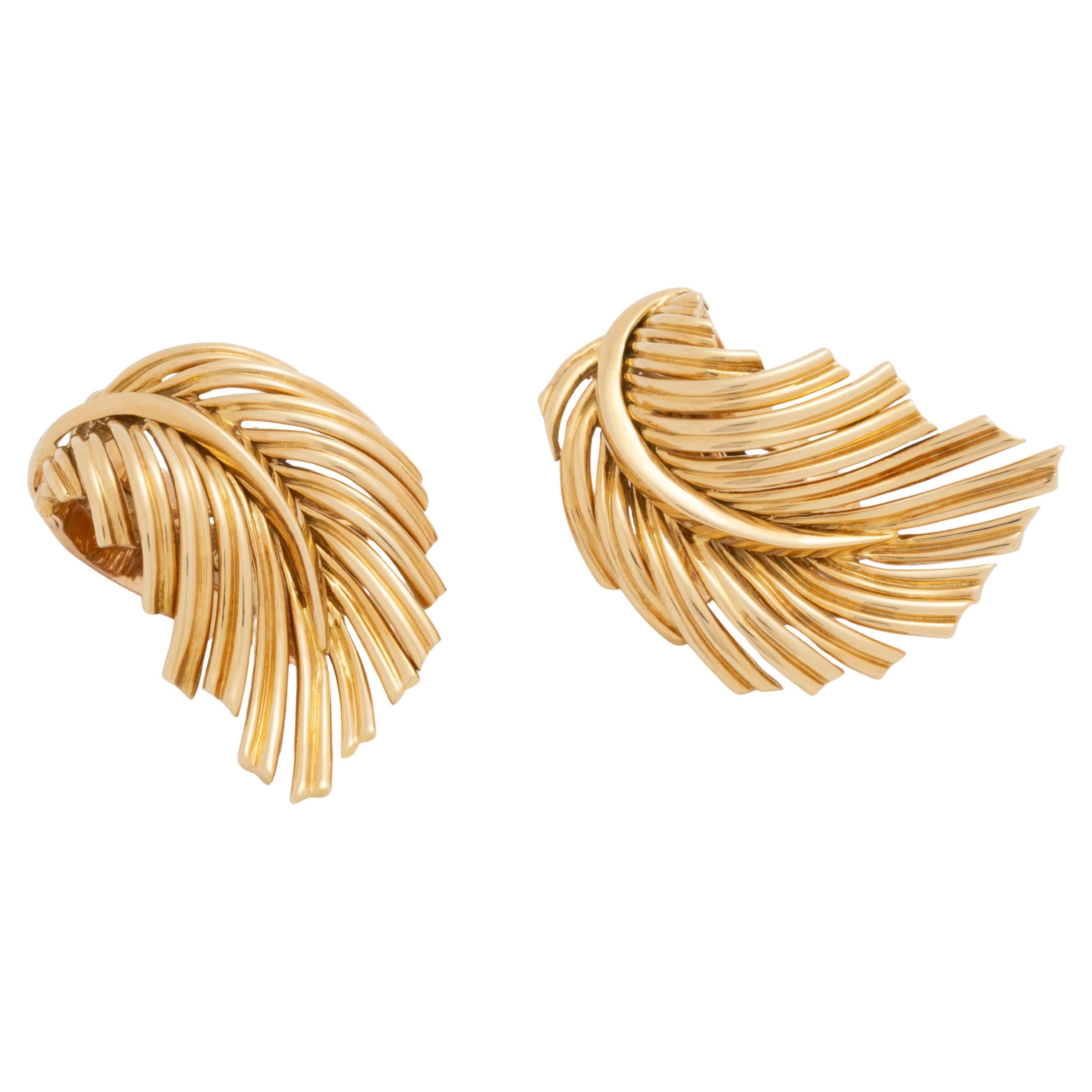 Vintage 18k Gelbgold signiert Van Cleef & Arpels Blatt Ohrringe - Hebel zurück Clip-on c.1970s / Made in France