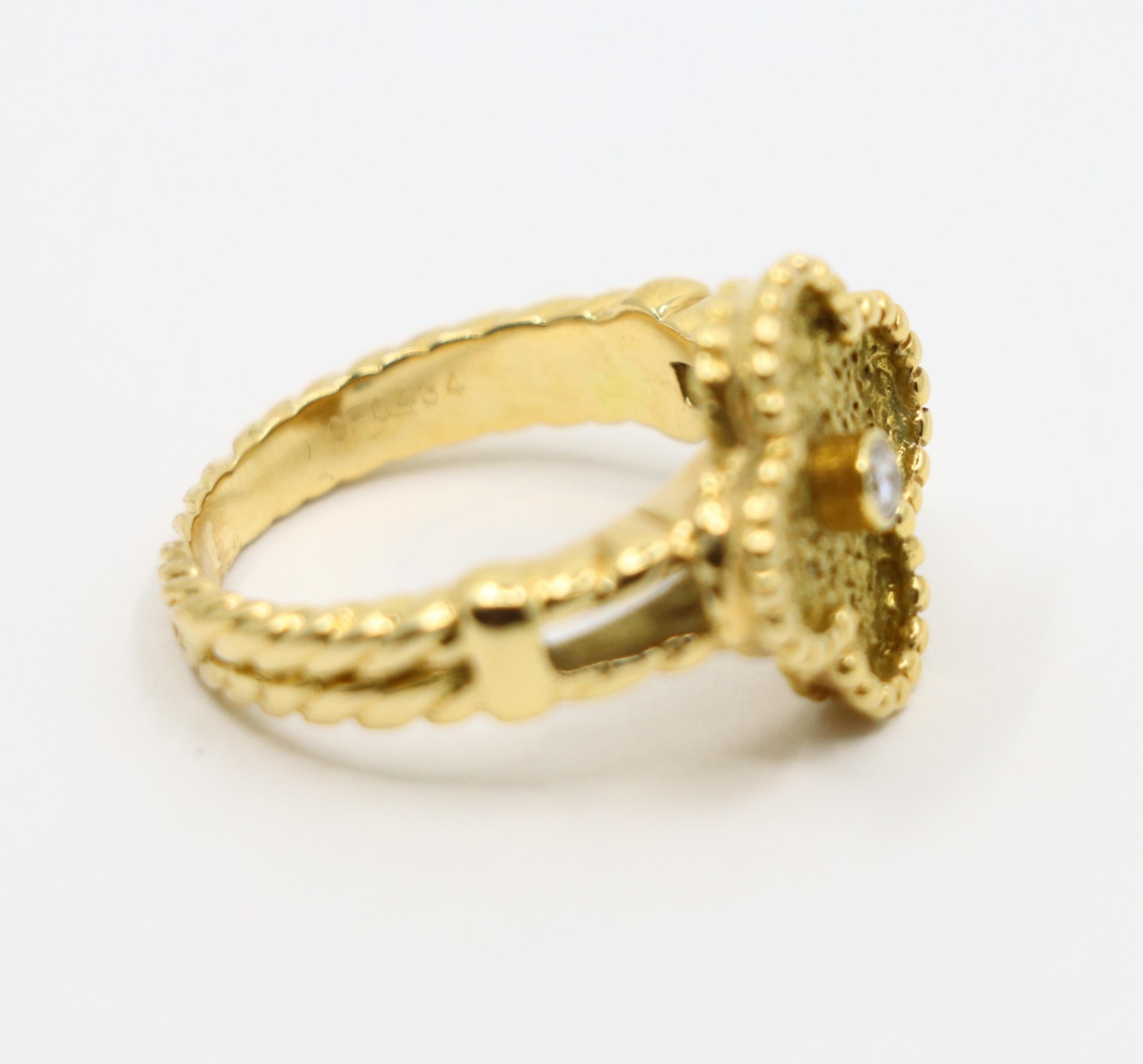 Vintage Van Cleef & Arpels 18K Gold Diamond Alhambra Ring 7