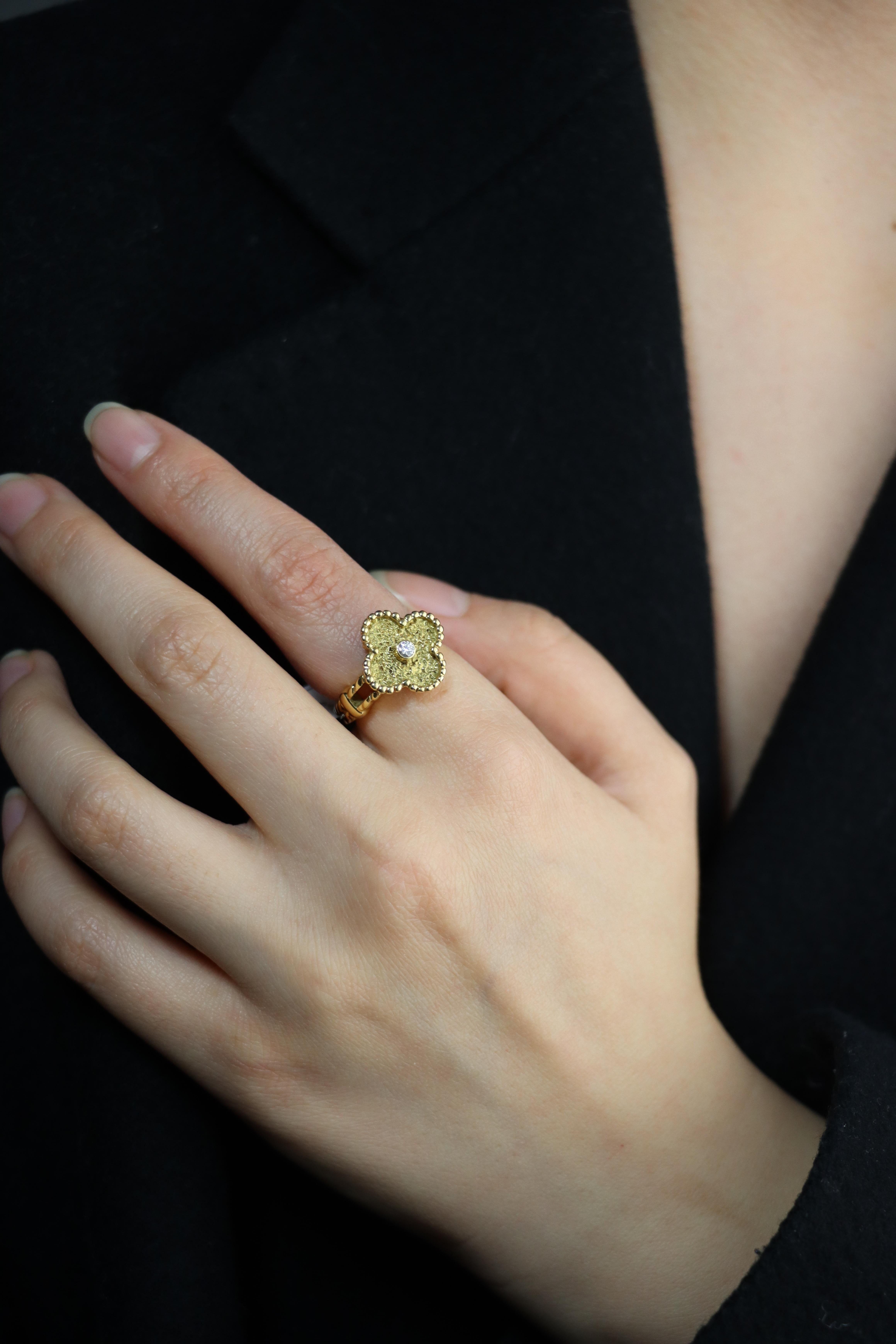Vintage Van Cleef & Arpels 18K Gold Diamond Alhambra Ring 

Marked:
VAC
750

Approximate Dimensions:
5.5 (Ring Size) 
8.2 grams in weight.