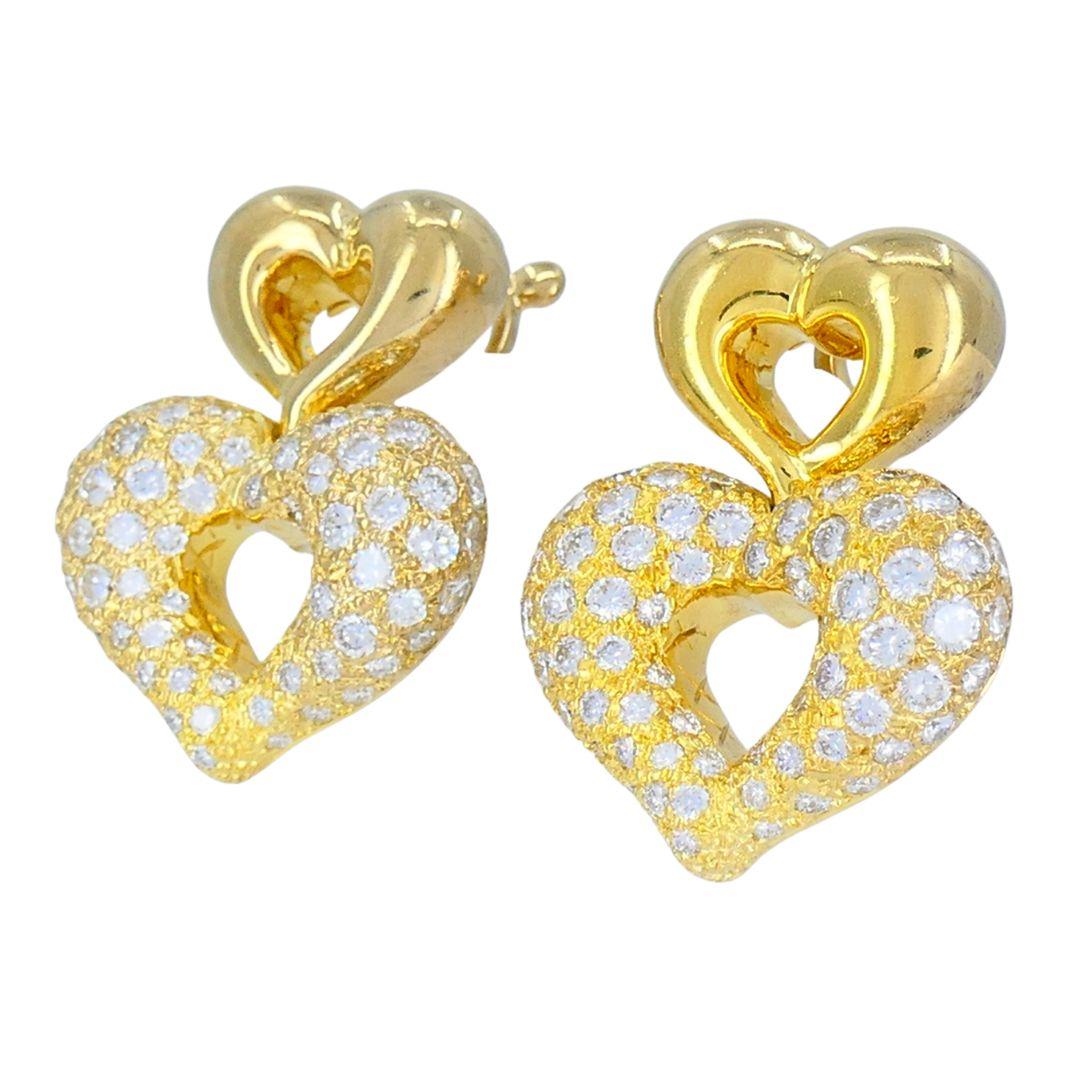 Vintage Van Cleef & Arpels 18k Gold Diamond Double Heart Ohrringe (Brillantschliff) im Angebot