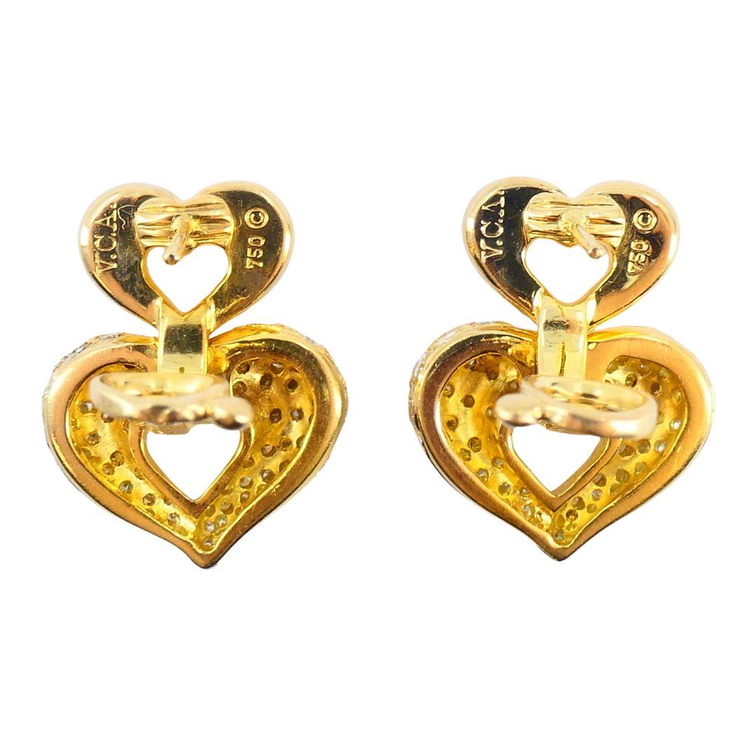 Vintage Van Cleef & Arpels 18k Gold Diamond Double Heart Ohrringe im Angebot 3