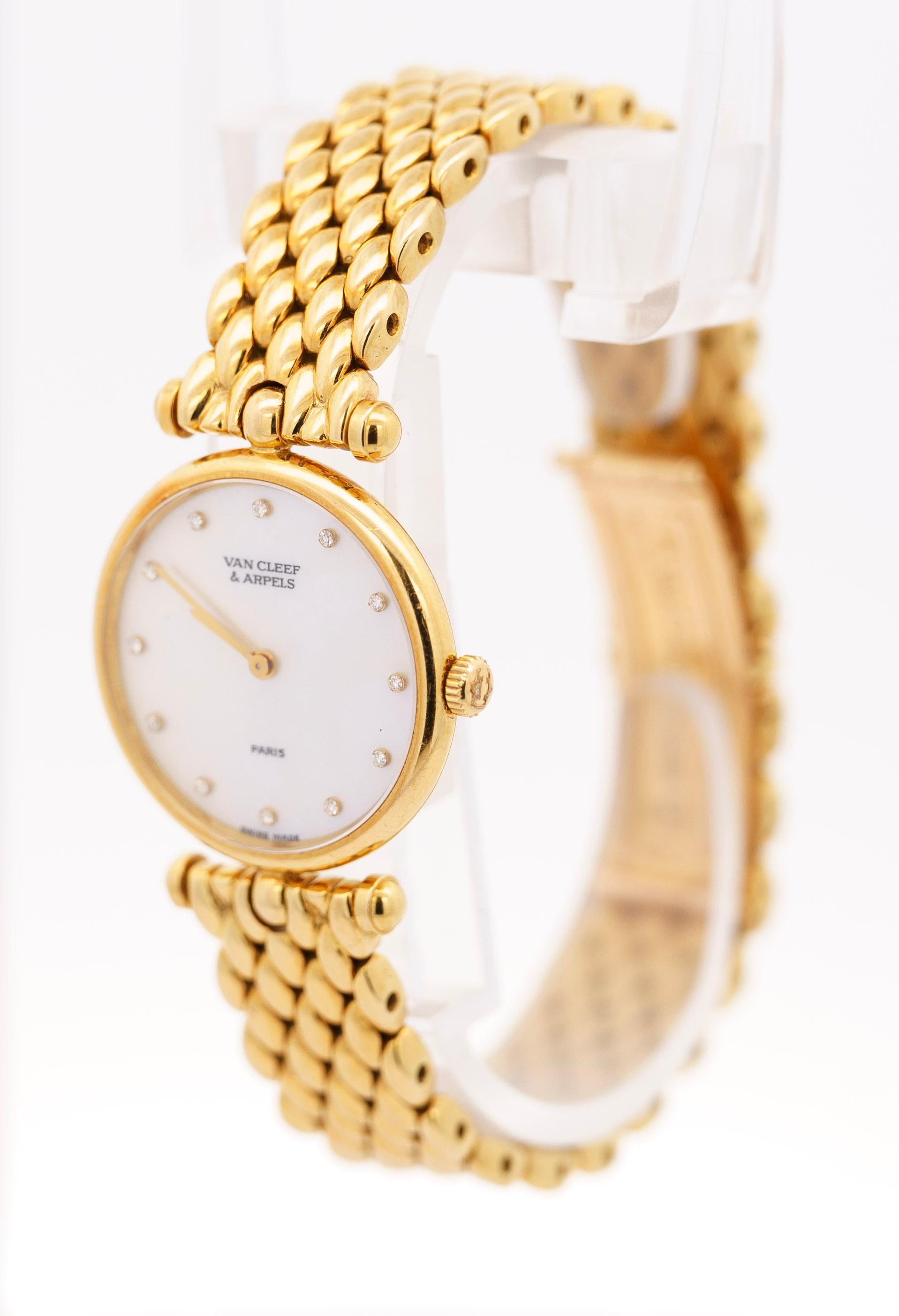 Round Cut Vintage Van Cleef & Arpels 18K Gold Mother of Pearl Diamond Ladies Wristwatch For Sale