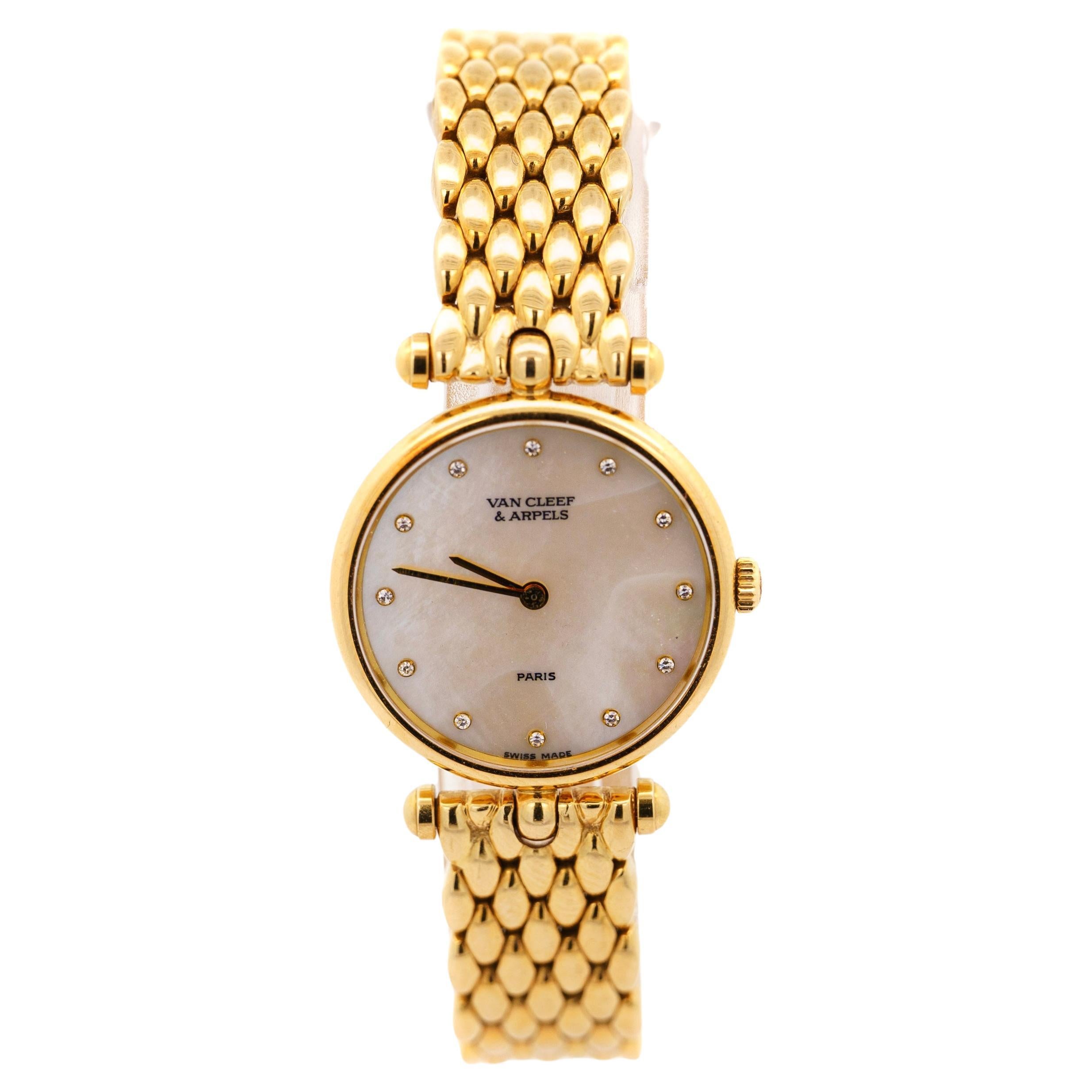 Van Cleef & Arpels 18 Karat Gold Perlmutt-Diamant-Damenarmbanduhr, Vintage im Angebot