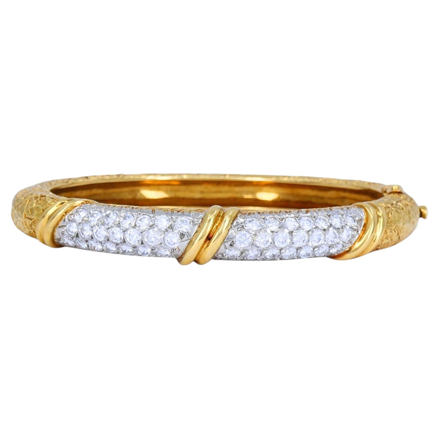Vintage Van Cleef & Arpels 18k Gold Platinum Diamond Hinged Bangle Bracelet