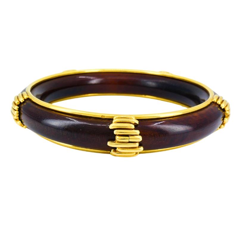 Vintage Van Cleef & Arpels 18k Gold Wood Bangle Bracelet Estate Jewelry For Sale 1