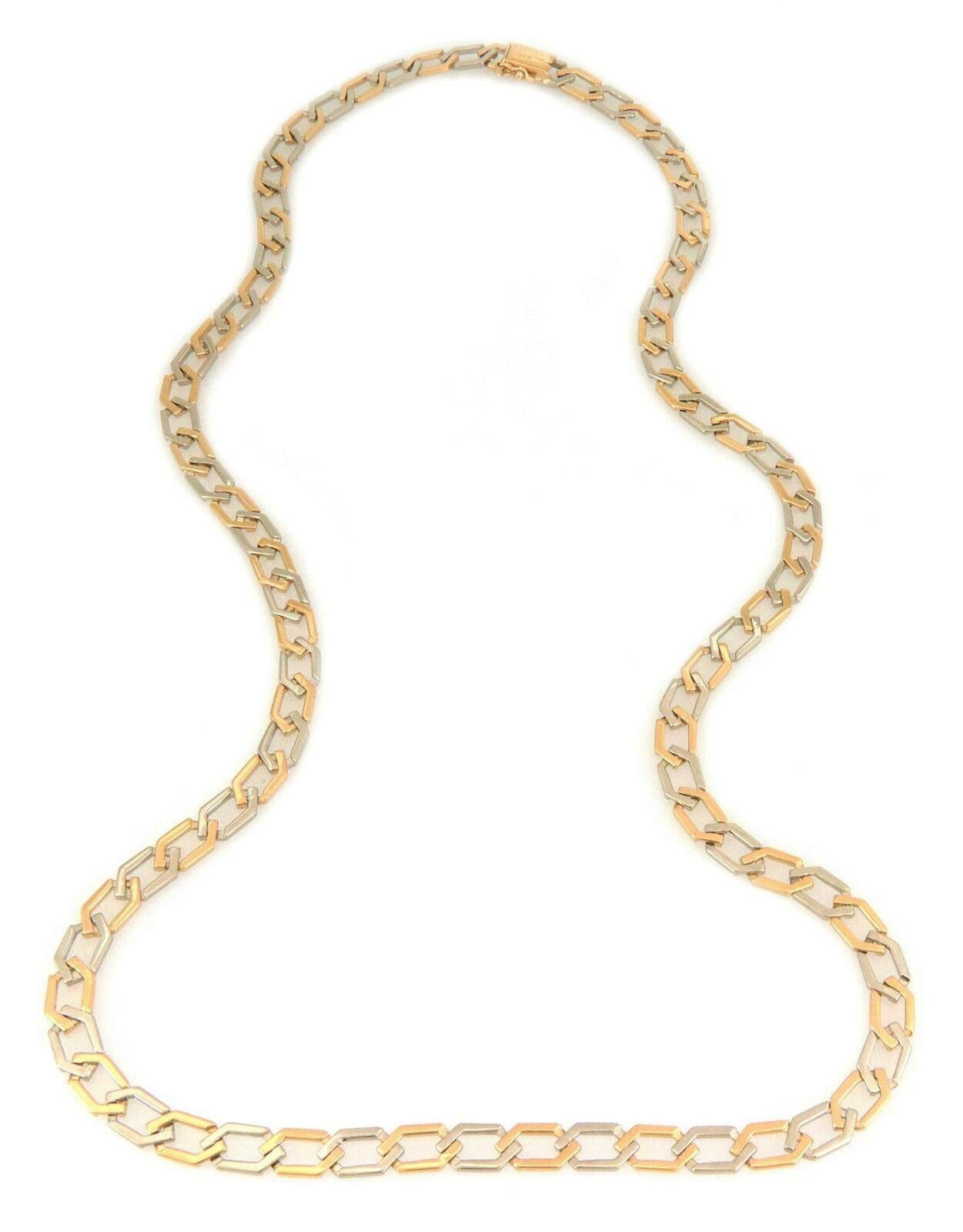 Elegant and authentic from Van Cleef & Arpels, the long chain is crafted from 18k yellow and white gold featuring alternating octagonal shape links with a polished finish. The chain is 7mm wide and thin, it secure with a box slide clasp and is