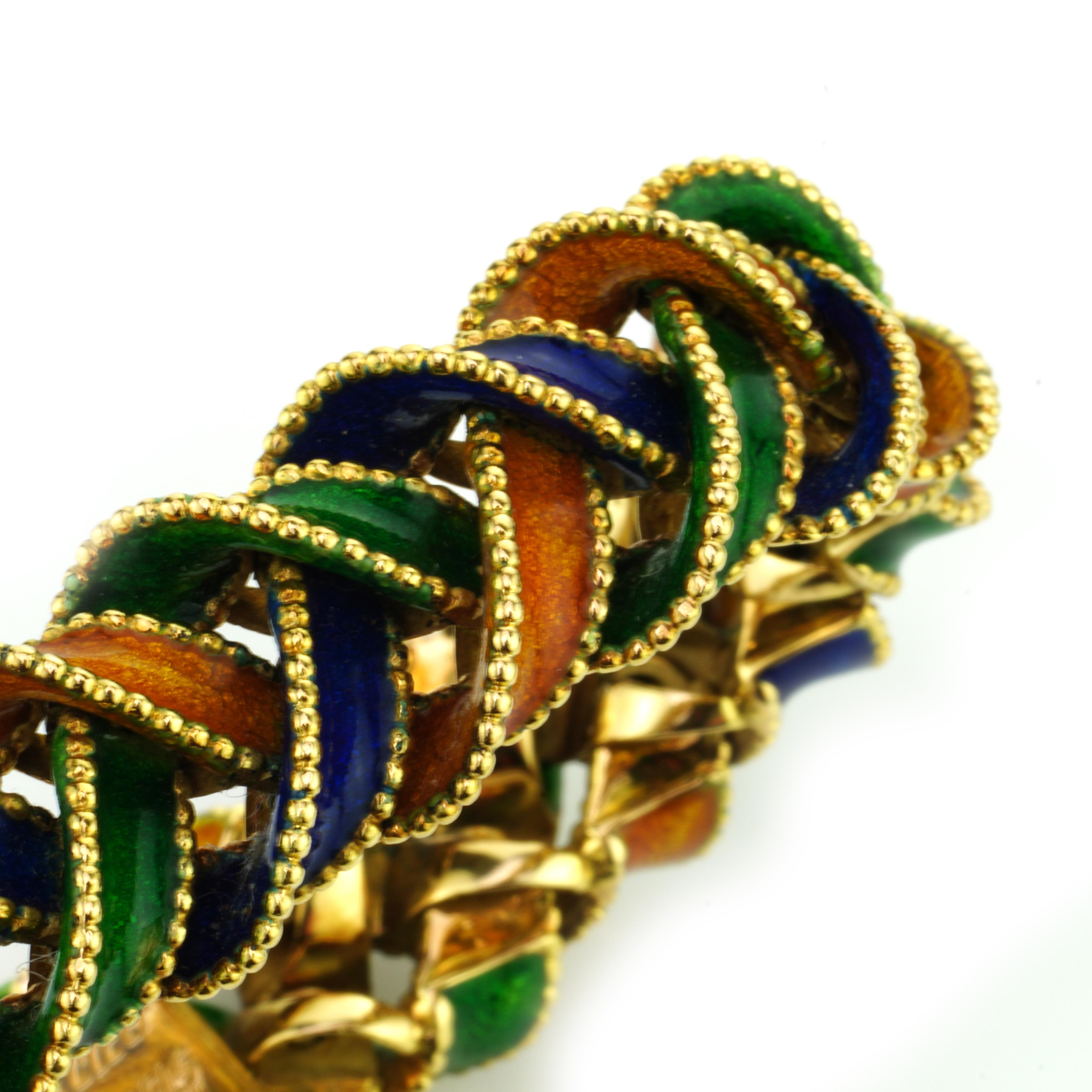 Vintage Van Cleef & Arpels 18kt. Yellow Gold, and Enamel Plait Design Bracelet 7