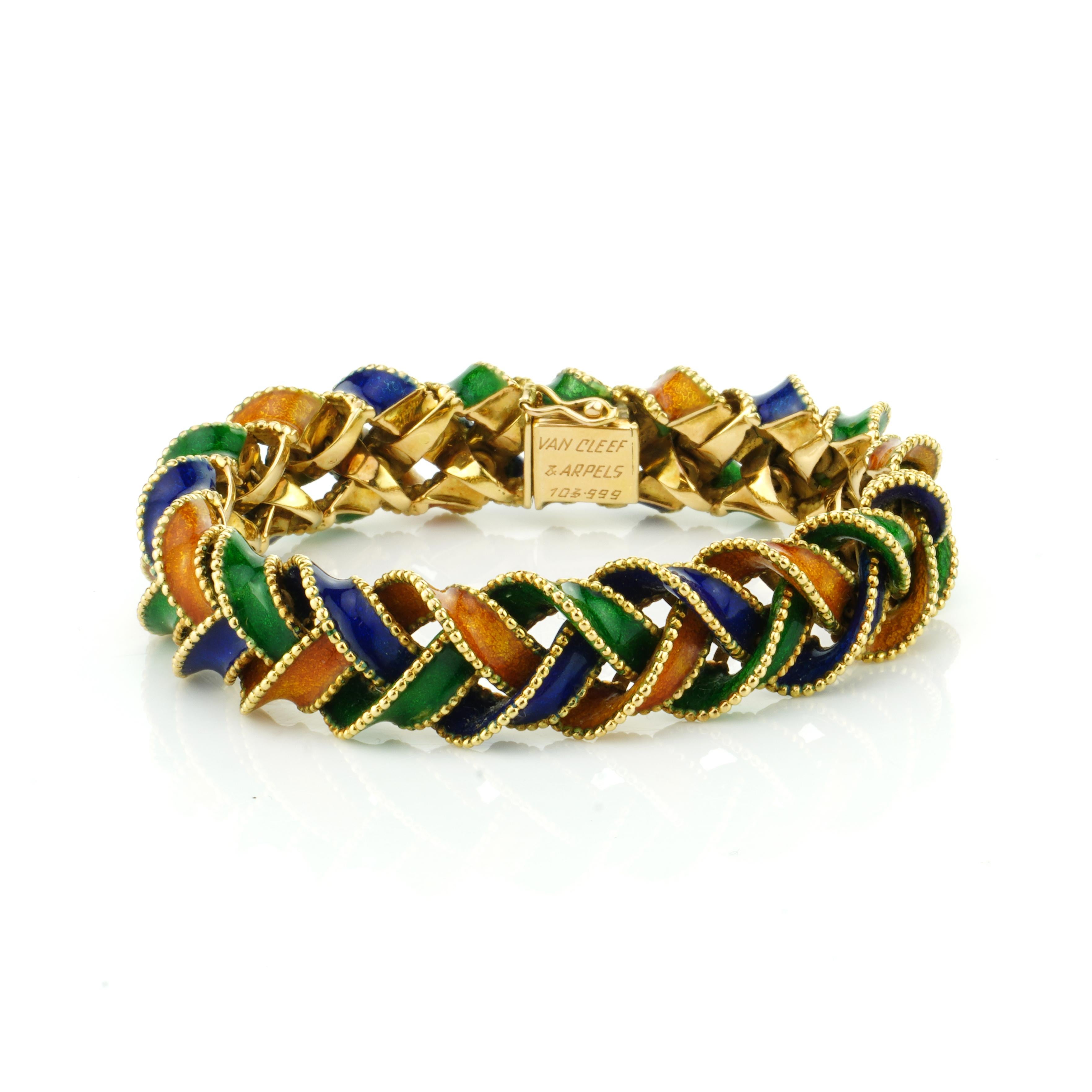 Women's or Men's Vintage Van Cleef & Arpels 18kt. Yellow Gold, and Enamel Plait Design Bracelet