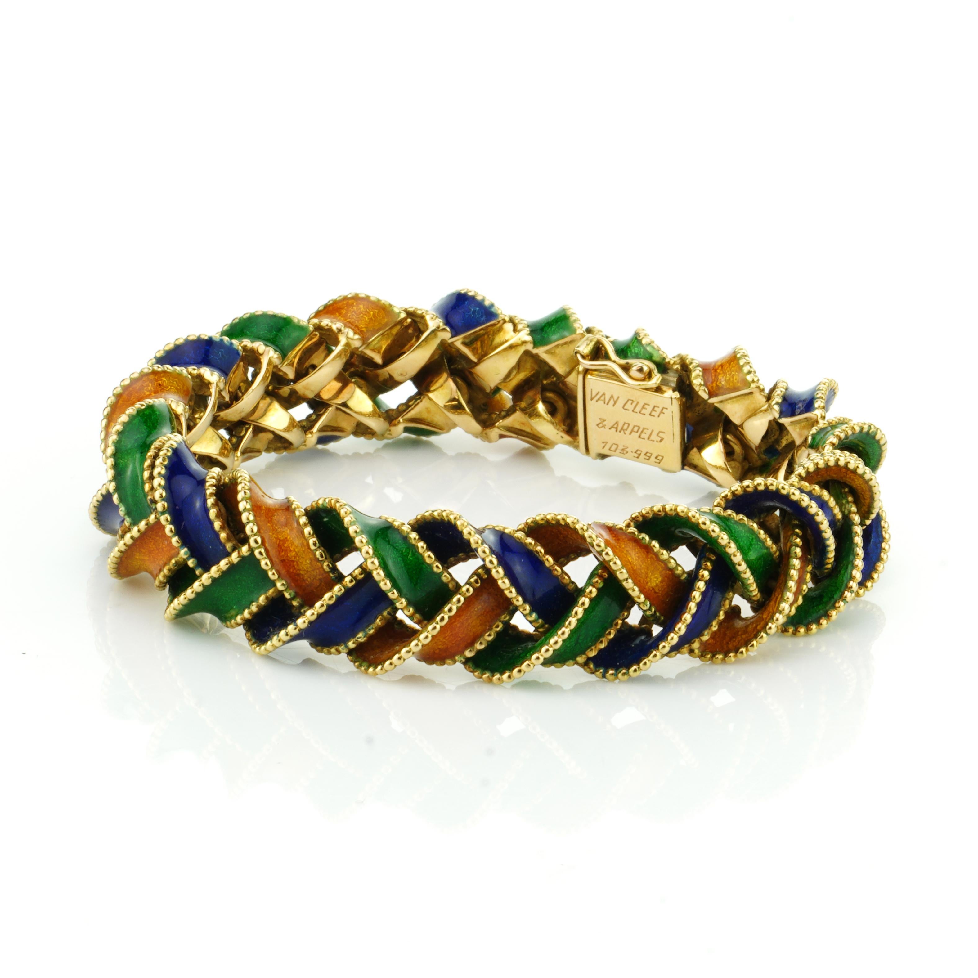 Vintage Van Cleef & Arpels 18kt. Yellow Gold, and Enamel Plait Design Bracelet 1