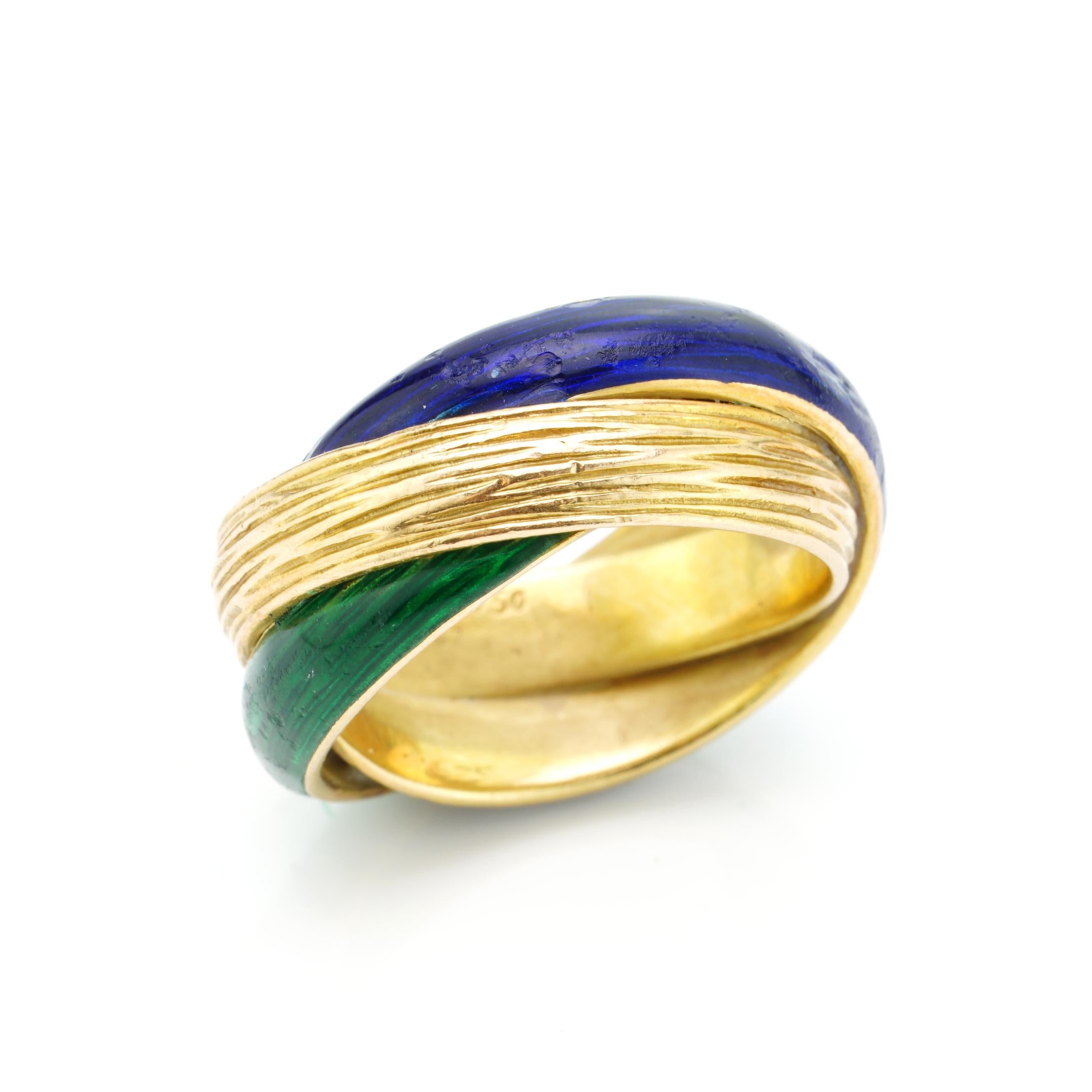 Vintage Van Cleef & Arpels 18kt. yellow gold. twisted red and blue enamel ring. 
Designer: Van Cleef & Arpels
Made in 1960's
Fully hallmarked with Ref nr. 11575. 

Dimensions -
Finger Size (UK) = M (US) = 6 1/2 (EU) = 52 1/2
Ring size: 2.3 x 0.9 cm