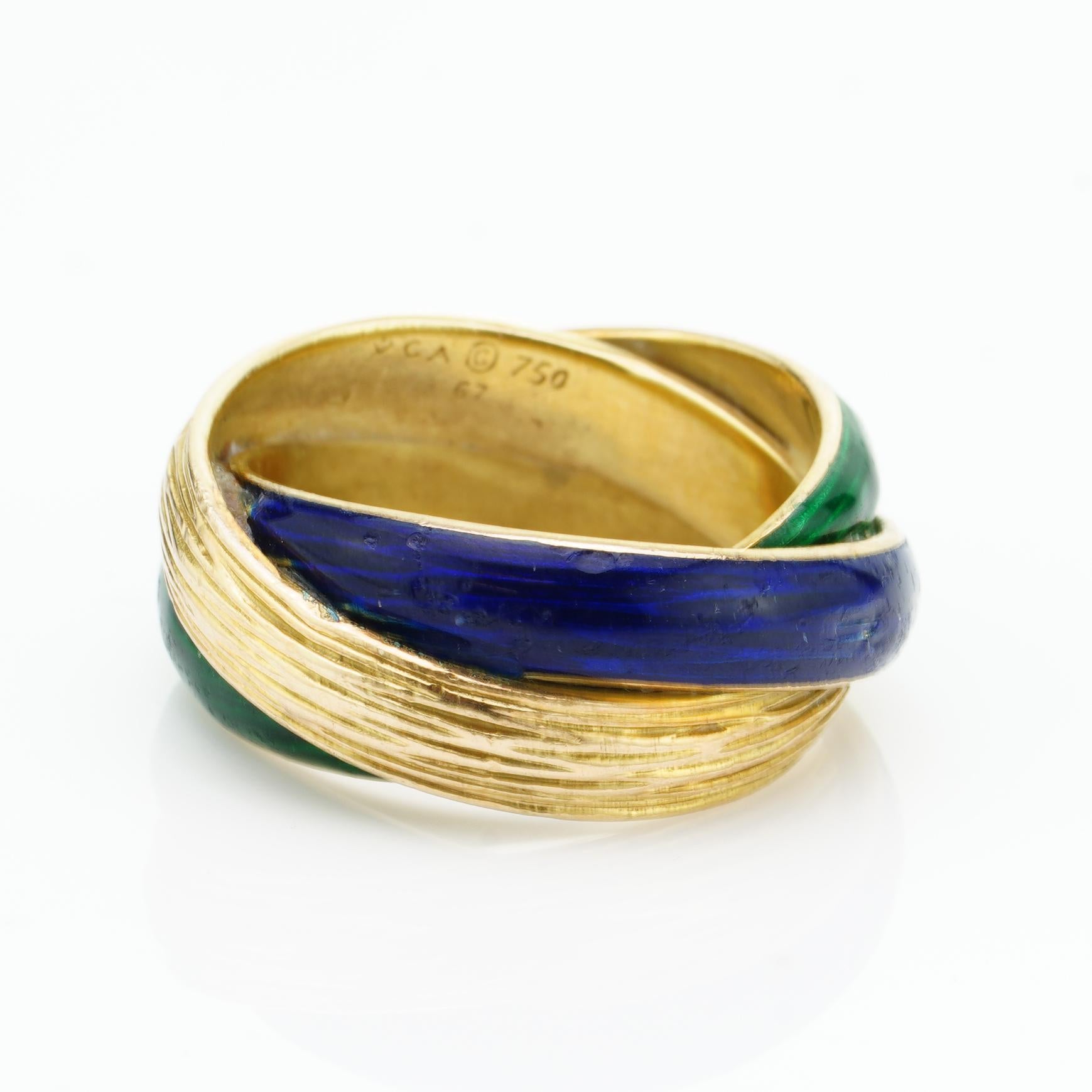 Vintage Van Cleef & Arpels 18kt, Yellow Gold, Twisted Red and Blue Enamel Ring 1